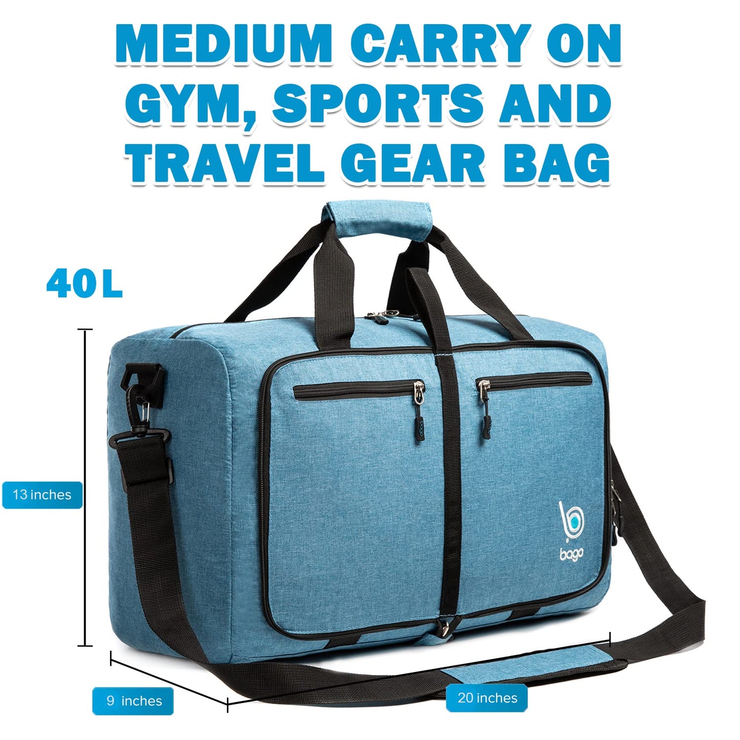 Bago Foldable Duffel Bags for Traveling Women & Men - 40L Sports Packable Duffle Bag for Travel with Shoe Compartment - Water Repellant, Heavy Duty, Lightweight Folding & Collapsible (SnowPink)