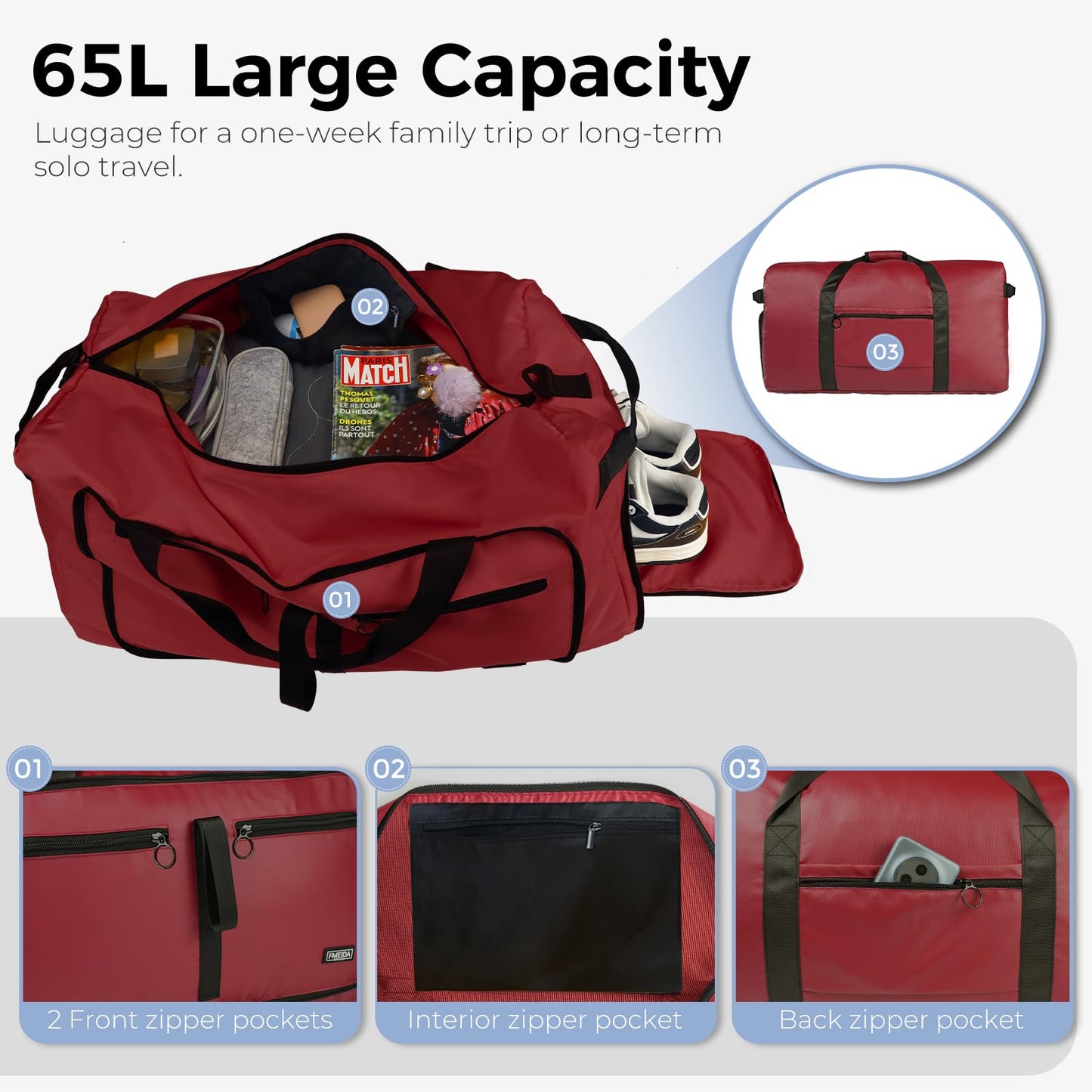 Fmeida 65L Duffle Bag with Shoes Compartment, Foldable Travel Duffel Bags for Men Women, Large Packable Travel Bag Water Repellent & Tear Resistant (Black)