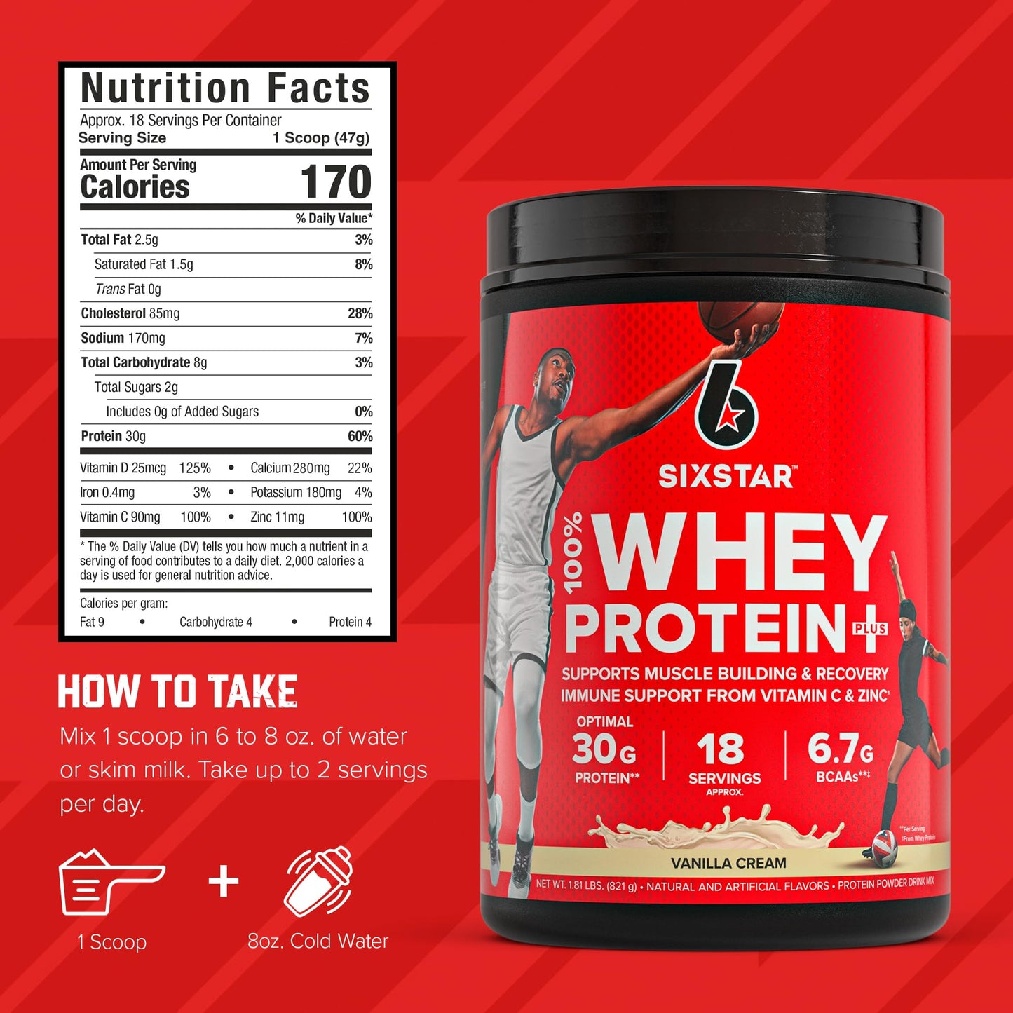 Six Star Whey Protein Powder Plus - Muscle Building & Recovery Formula with Whey Isolate Powder, BCAAs, 30g Protein, Immune Support - Post-Workout Supplement - Triple Chocolate, 1.8 lbs