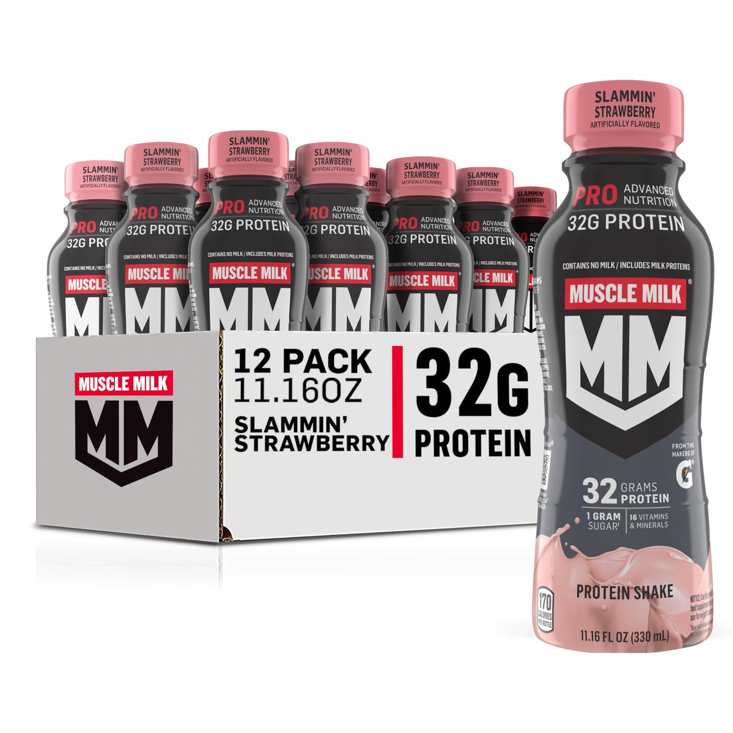 Muscle Milk Pro Advanced Nutrition Protein Shake, Knockout Chocolate, 11.16 Fl Oz (Pack of 12), 32g Protein, 1g Sugar, 16 Vitamins & Minerals, 5g Fiber, Workout Recovery, Energizing Snack, Packaging May Vary