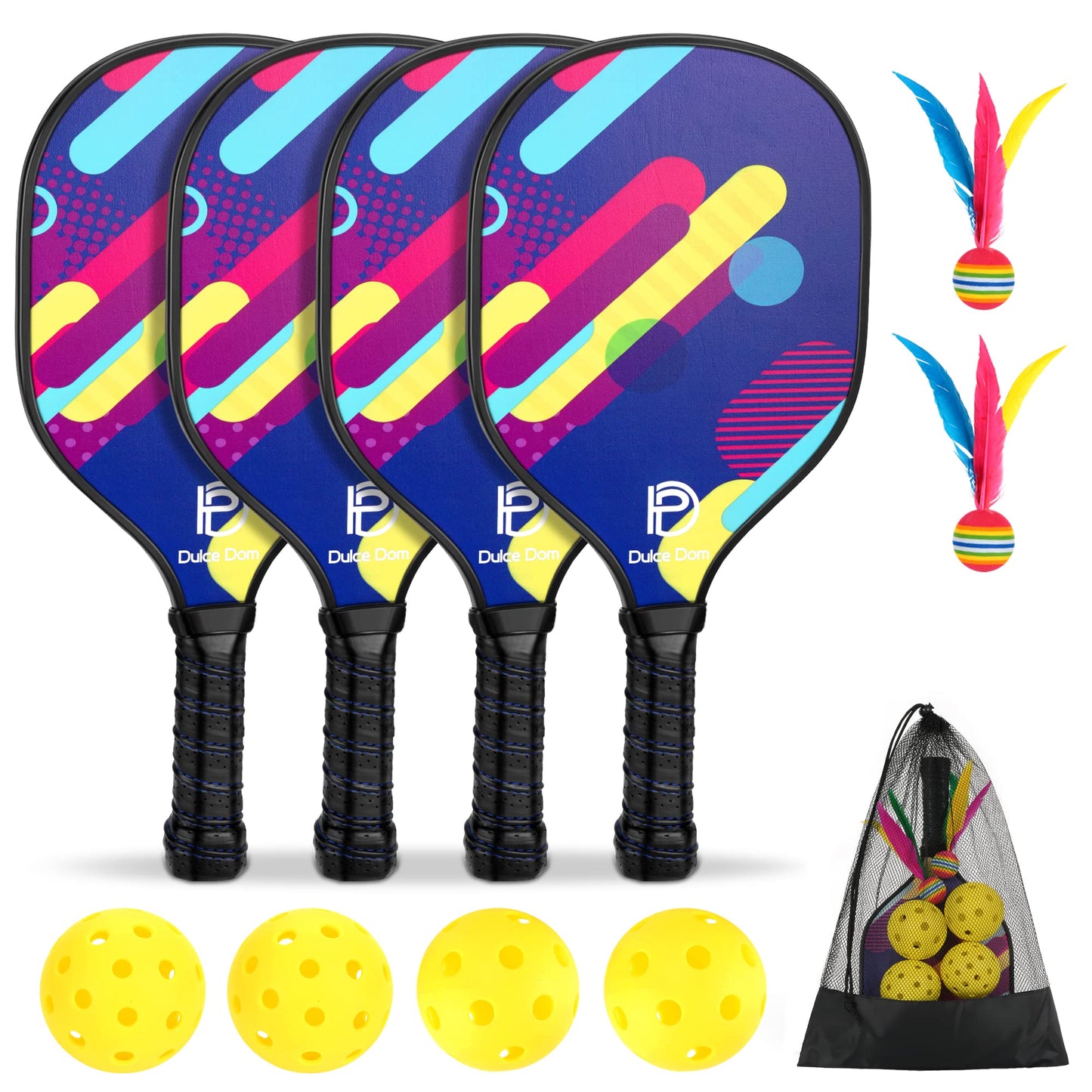 DULCE DOM Pickleball Paddles Set of 2/4 - USAPA Approved, Fiberglass/Carbon Fiber Pickleball Racket with 4 Indoor Outdoor Pickleball Balls and Pickleball Bag, Ideal Pickleball Training Equipment