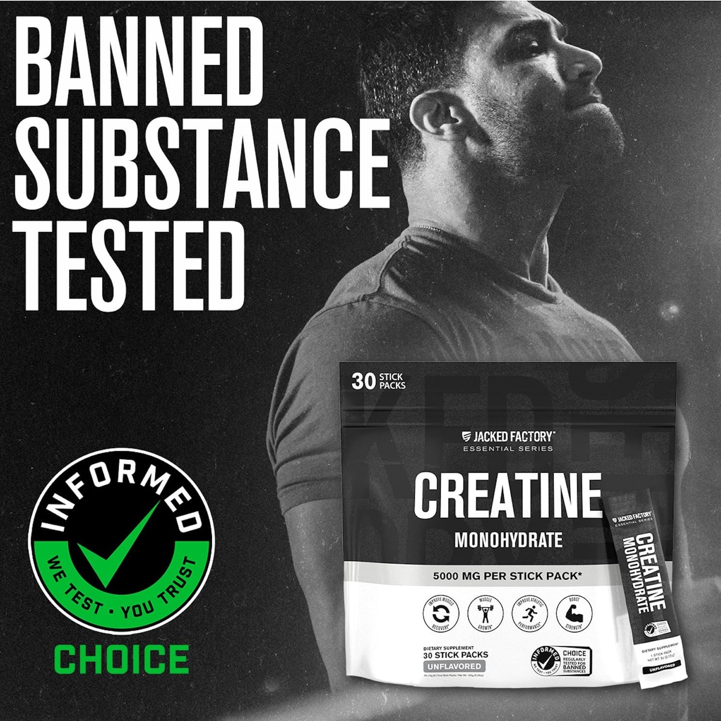 Jacked Factory Creatine Monohydrate Powder 150g - 5g Daily Creatine Supplement for Men and Women, Vegan-Friendly, Third-Party Tested - 30 Servings, Unflavored