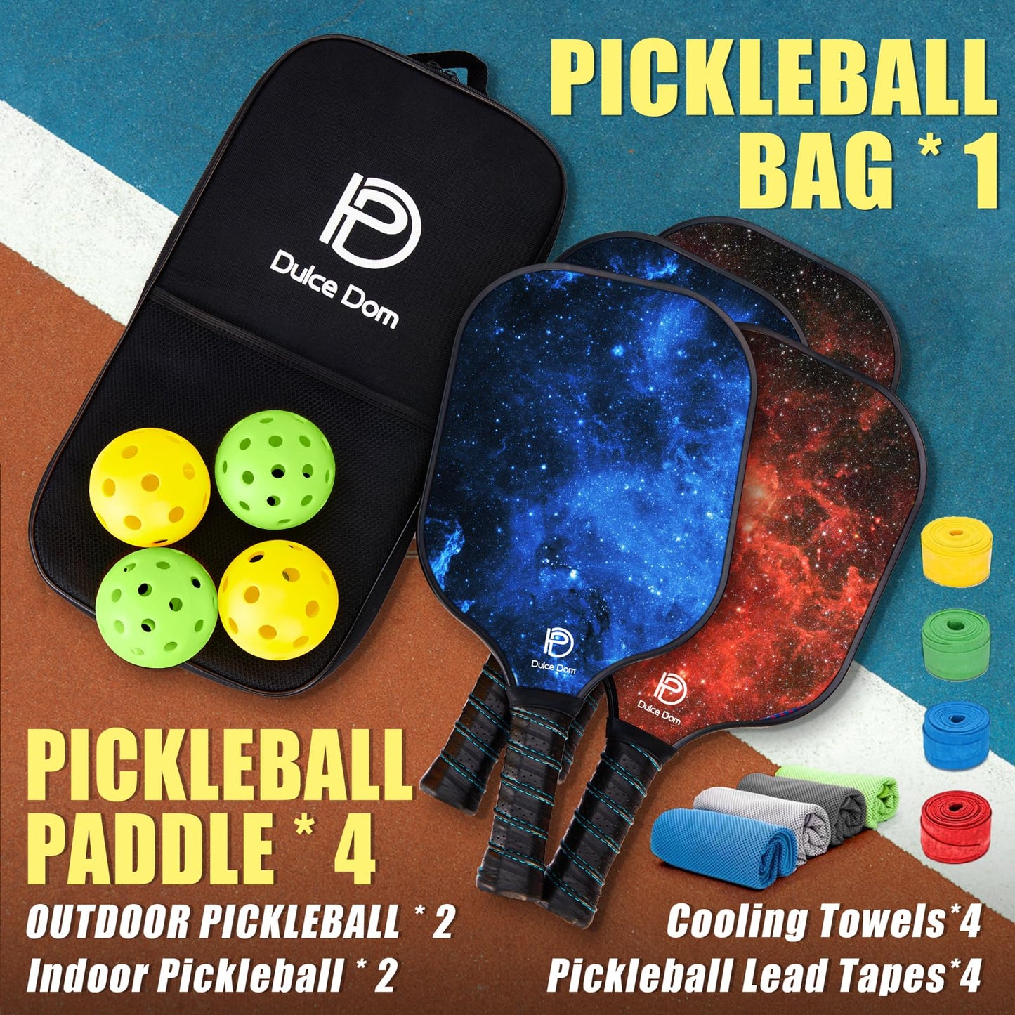DULCE DOM Pickleball Paddles Set of 2/4 - USAPA Approved, Fiberglass/Carbon Fiber Pickleball Racket with 4 Indoor Outdoor Pickleball Balls and Pickleball Bag, Ideal Pickleball Training Equipment