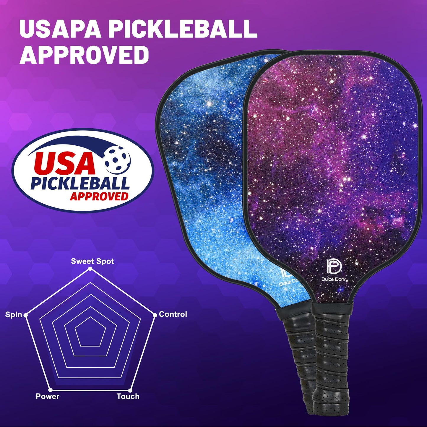 DULCE DOM Pickleball Paddles Set of 2/4 - USAPA Approved, Fiberglass/Carbon Fiber Pickleball Racket with 4 Indoor Outdoor Pickleball Balls and Pickleball Bag, Ideal Pickleball Training Equipment