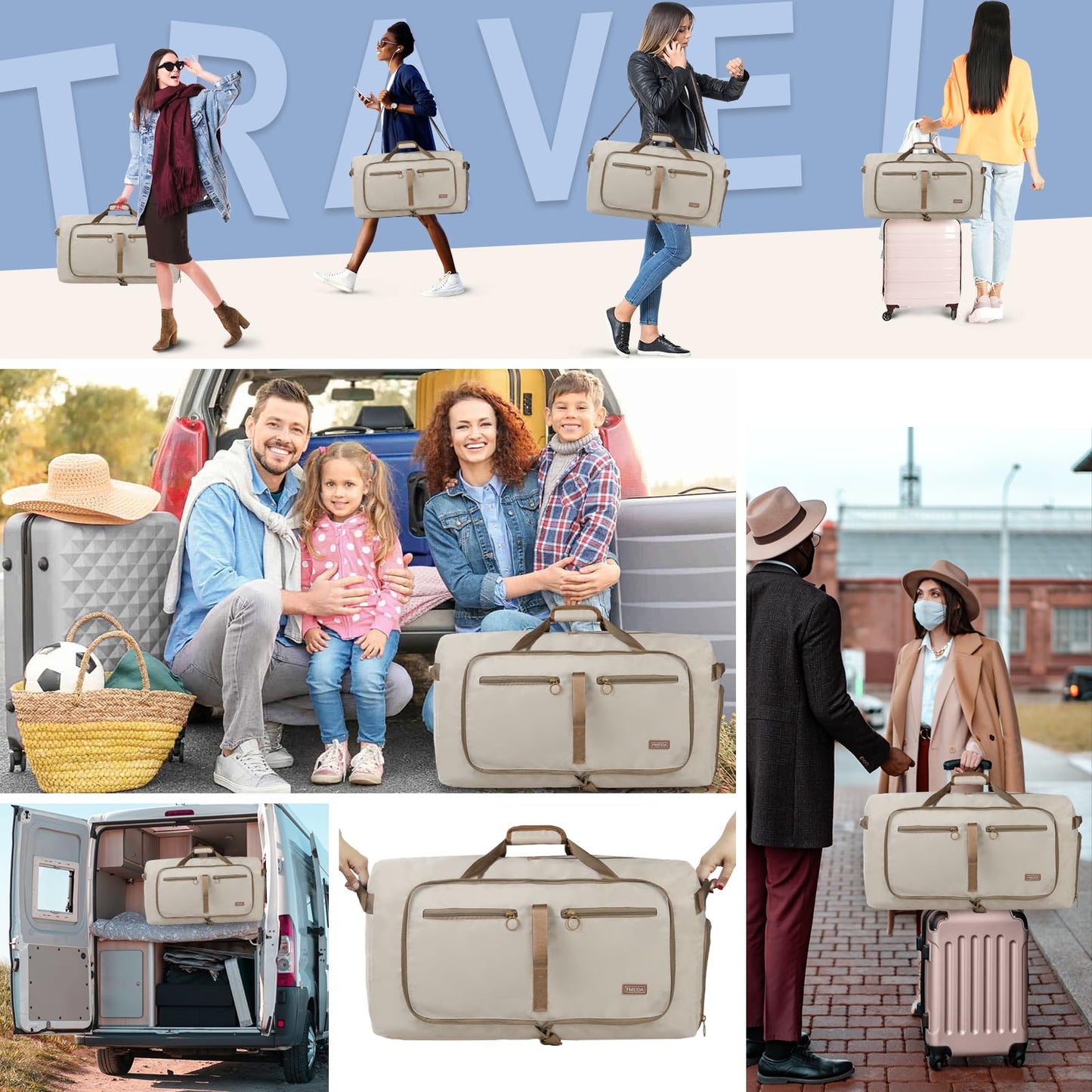 Fmeida 65L Duffle Bag with Shoes Compartment, Foldable Travel Duffel Bags for Men Women, Large Packable Travel Bag Water Repellent & Tear Resistant (Black)