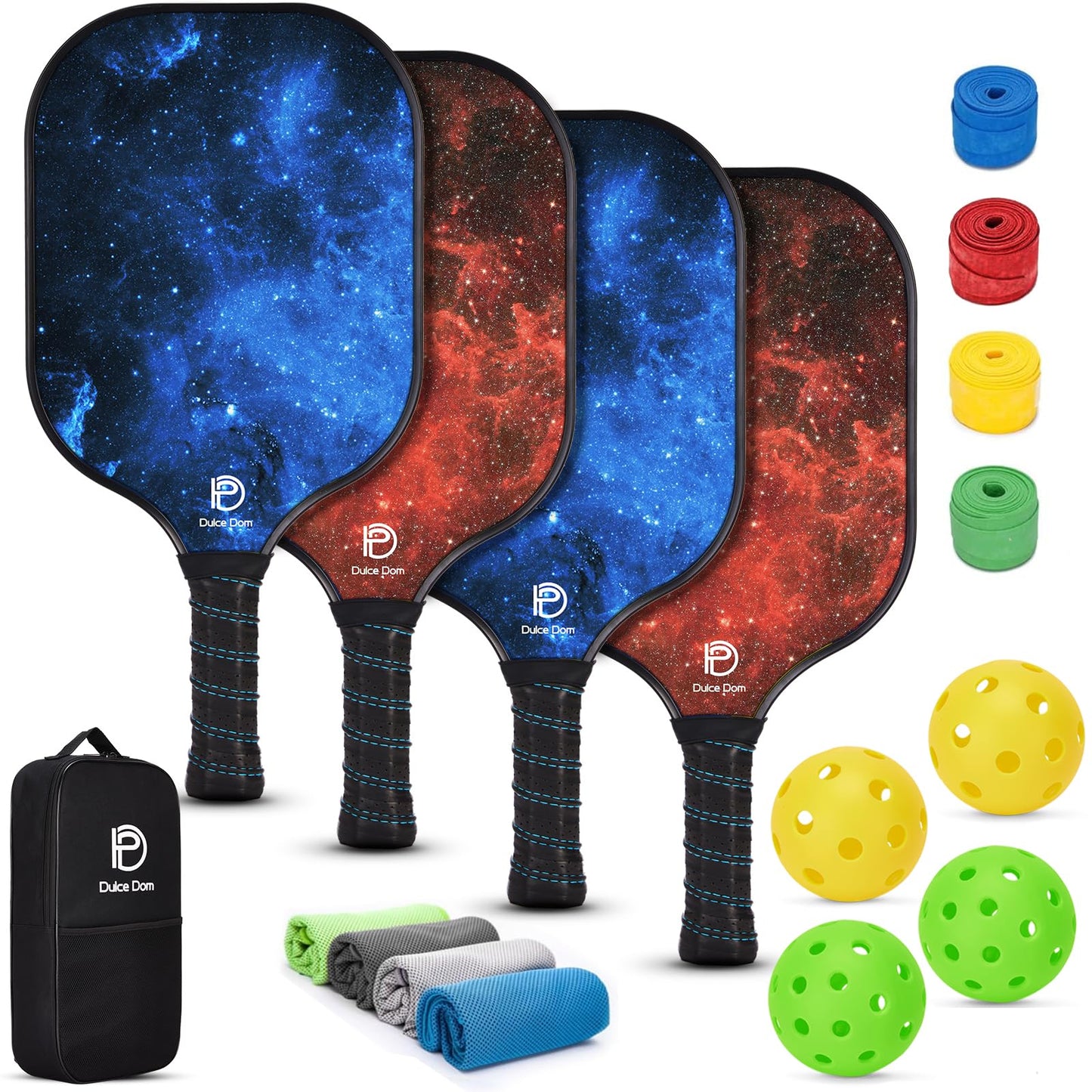 DULCE DOM Pickleball Paddles Set of 2/4 - USAPA Approved, Fiberglass/Carbon Fiber Pickleball Racket with 4 Indoor Outdoor Pickleball Balls and Pickleball Bag, Ideal Pickleball Training Equipment