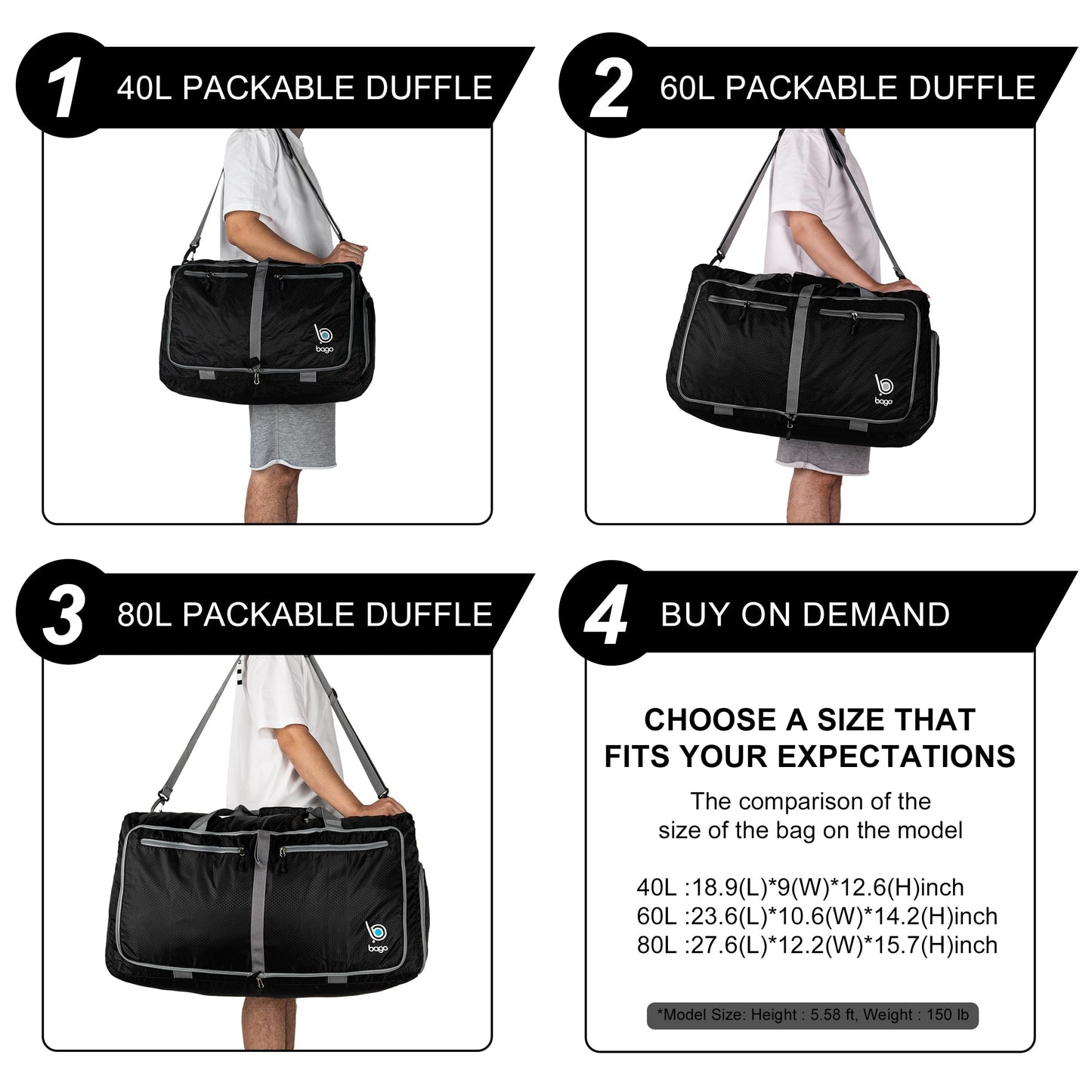 Bago Foldable Duffel Bags for Traveling Women & Men - 40L Sports Packable Duffle Bag for Travel with Shoe Compartment - Water Repellant, Heavy Duty, Lightweight Folding & Collapsible (SnowPink)