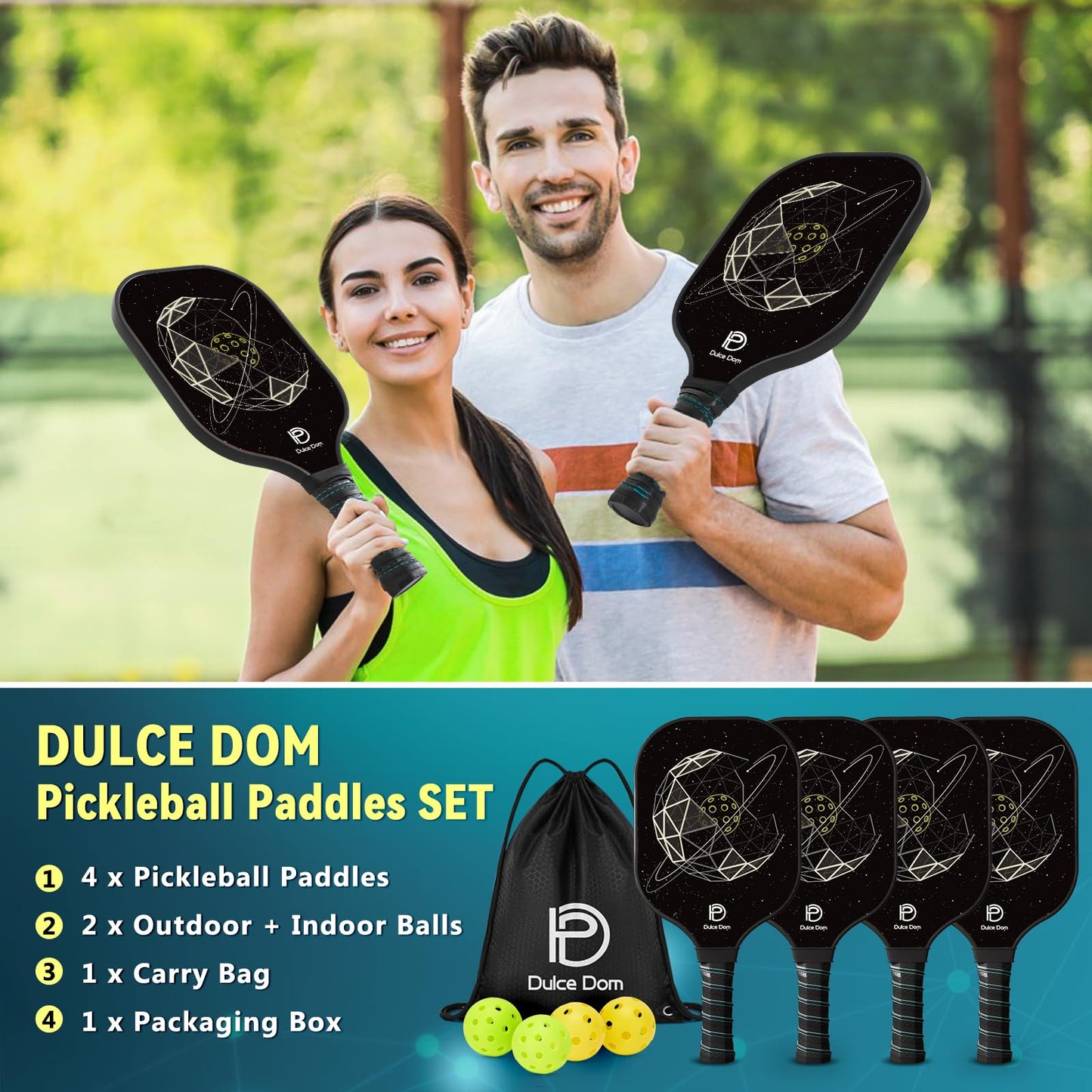 DULCE DOM Pickleball Paddles Set of 2/4 - USAPA Approved, Fiberglass/Carbon Fiber Pickleball Racket with 4 Indoor Outdoor Pickleball Balls and Pickleball Bag, Ideal Pickleball Training Equipment