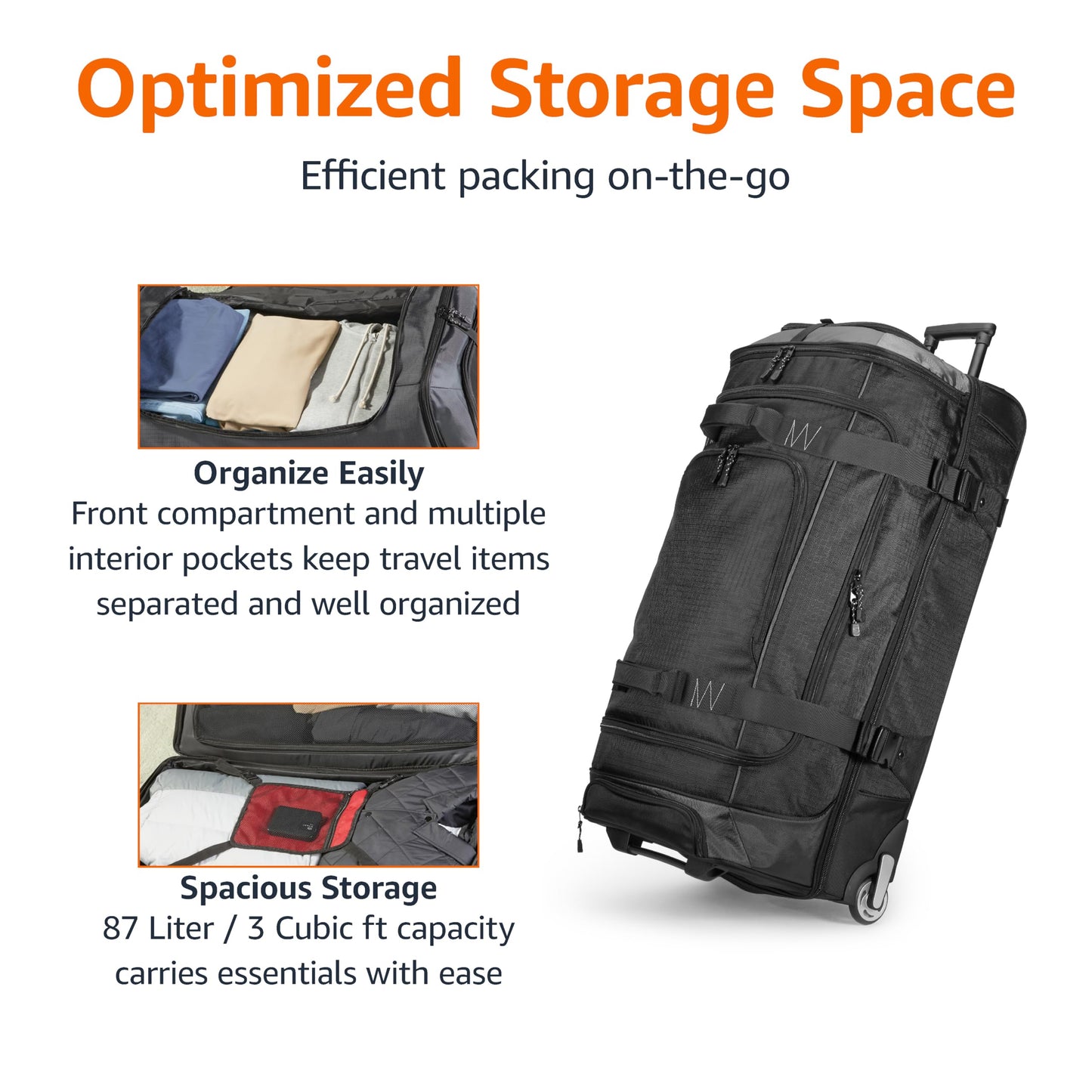 Amazon Basics 30-inch Large Rolling Duffle Bag with Wheels and Handle, Travel Duffle Bag with Durable Ripstop Polyester Material, 2 Layers of Space, Multiple Interior and Exterior Pockets, Black