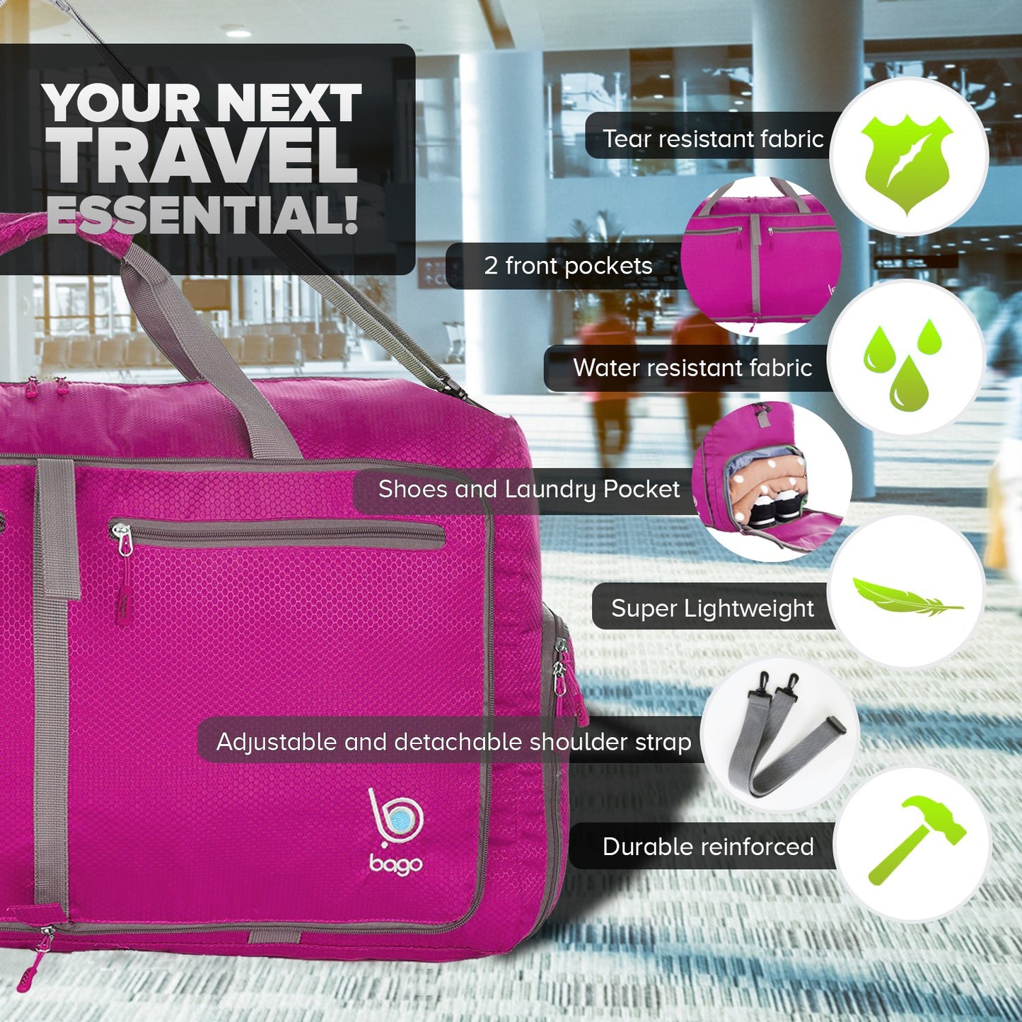 Bago Foldable Duffel Bags for Traveling Women & Men - 40L Sports Packable Duffle Bag for Travel with Shoe Compartment - Water Repellant, Heavy Duty, Lightweight Folding & Collapsible (SnowPink)