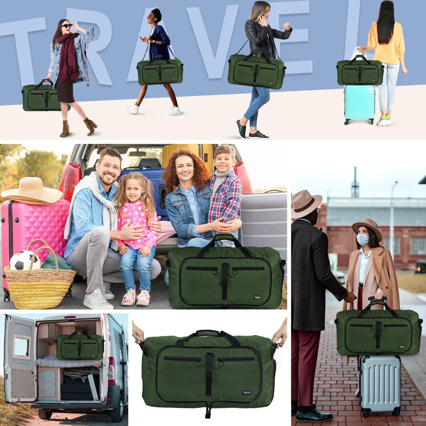 Fmeida 65L Duffle Bag with Shoes Compartment, Foldable Travel Duffel Bags for Men Women, Large Packable Travel Bag Water Repellent & Tear Resistant (Black)