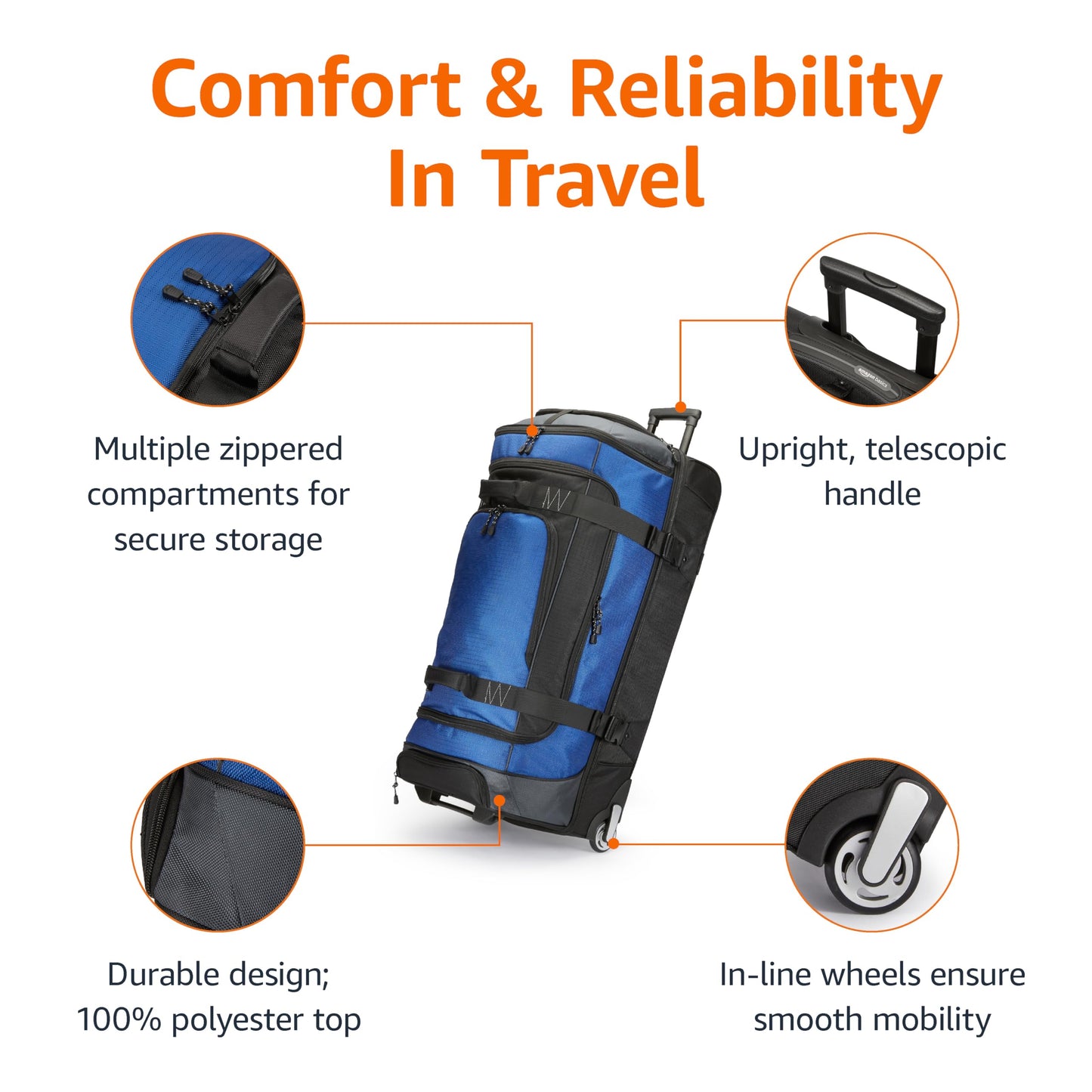 Amazon Basics 30-inch Large Rolling Duffle Bag with Wheels and Handle, Travel Duffle Bag with Durable Ripstop Polyester Material, 2 Layers of Space, Multiple Interior and Exterior Pockets, Black