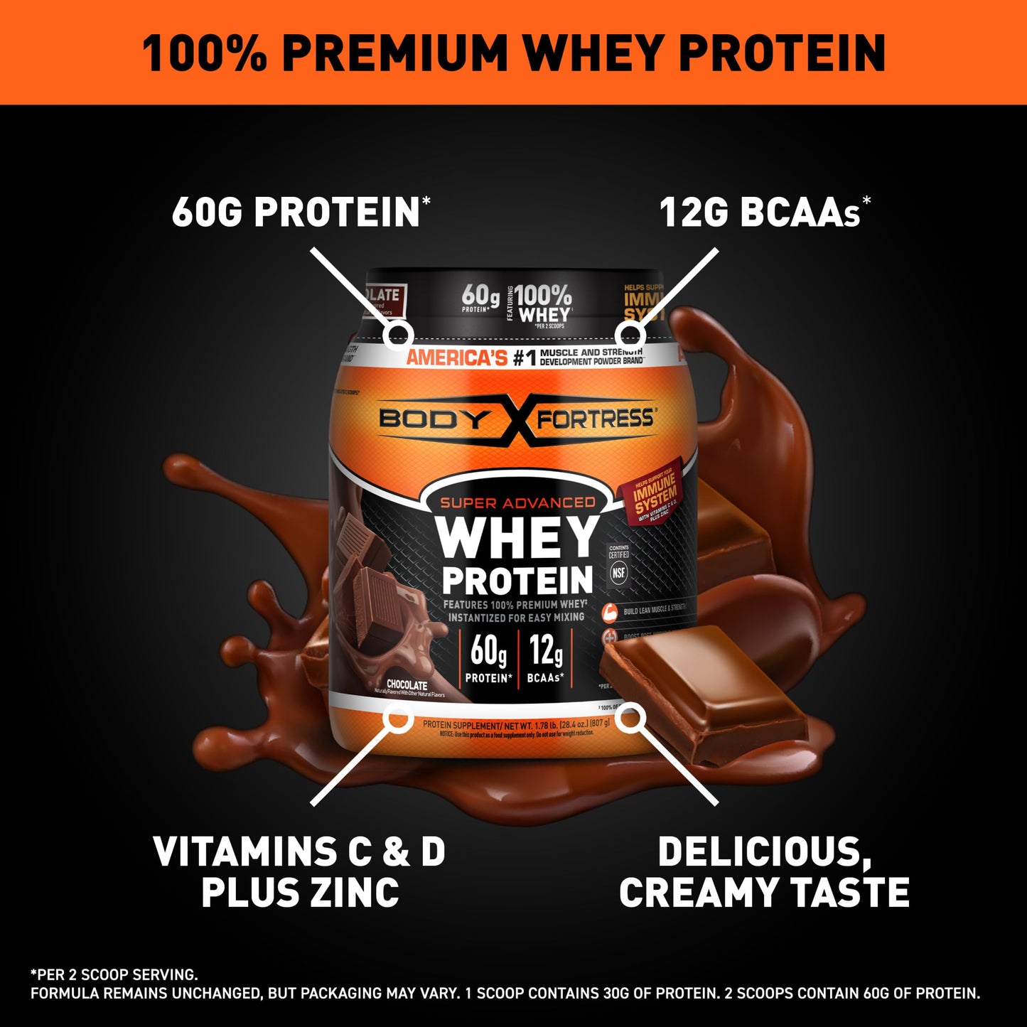 Body Fortress 100% Whey, Premium Protein Powder, Chocolate, 1.78lbs