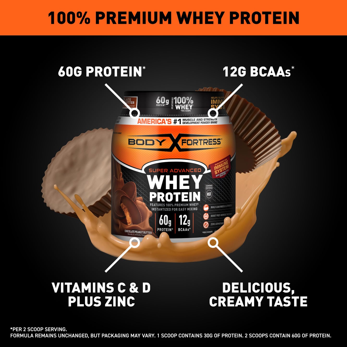 Body Fortress 100% Whey, Premium Protein Powder, Chocolate, 1.78lbs