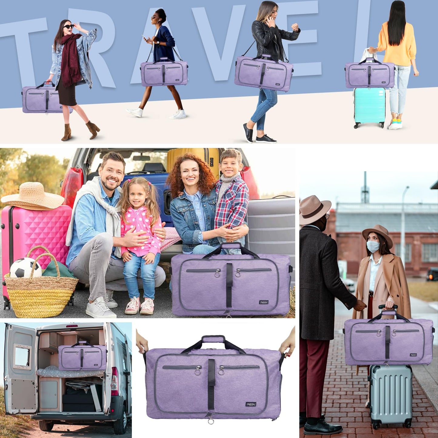 Fmeida 65L Duffle Bag with Shoes Compartment, Foldable Travel Duffel Bags for Men Women, Large Packable Travel Bag Water Repellent & Tear Resistant (Black)