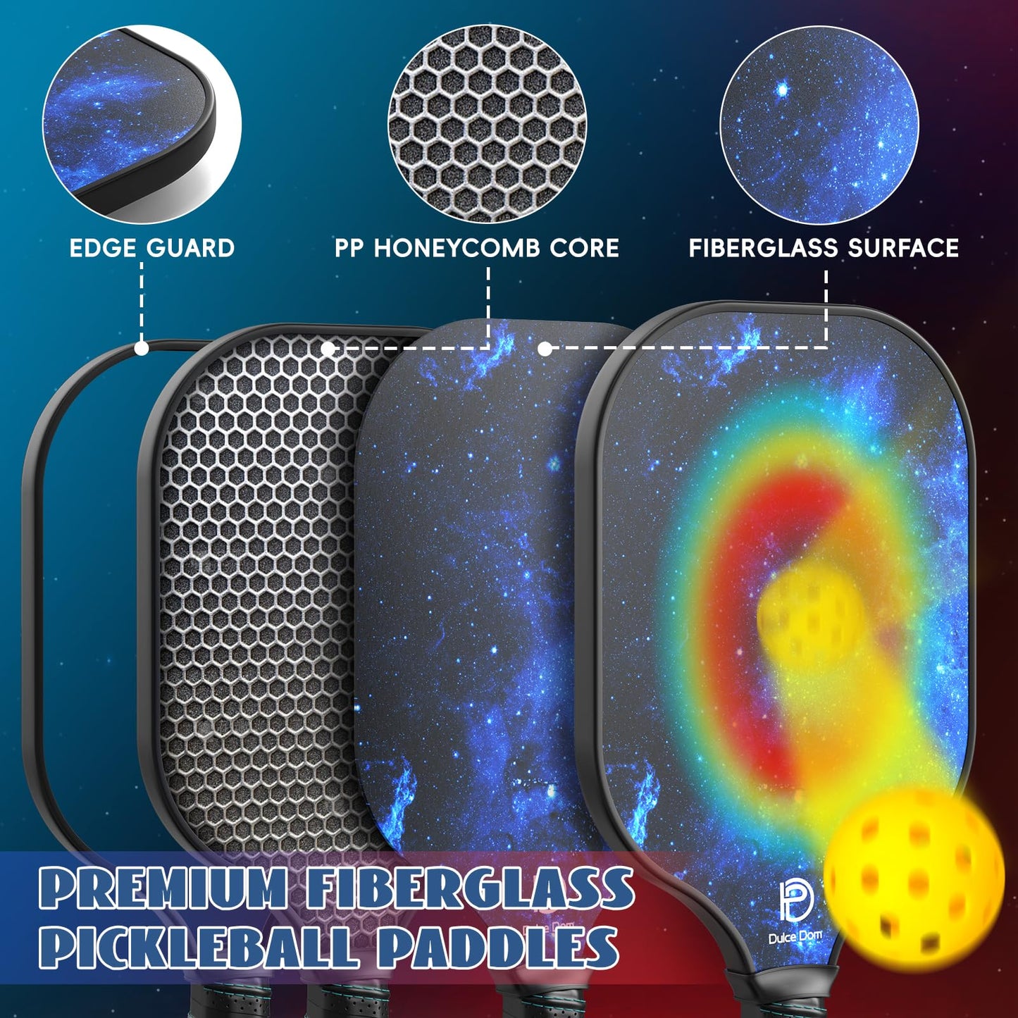 DULCE DOM Pickleball Paddles Set of 2/4 - USAPA Approved, Fiberglass/Carbon Fiber Pickleball Racket with 4 Indoor Outdoor Pickleball Balls and Pickleball Bag, Ideal Pickleball Training Equipment