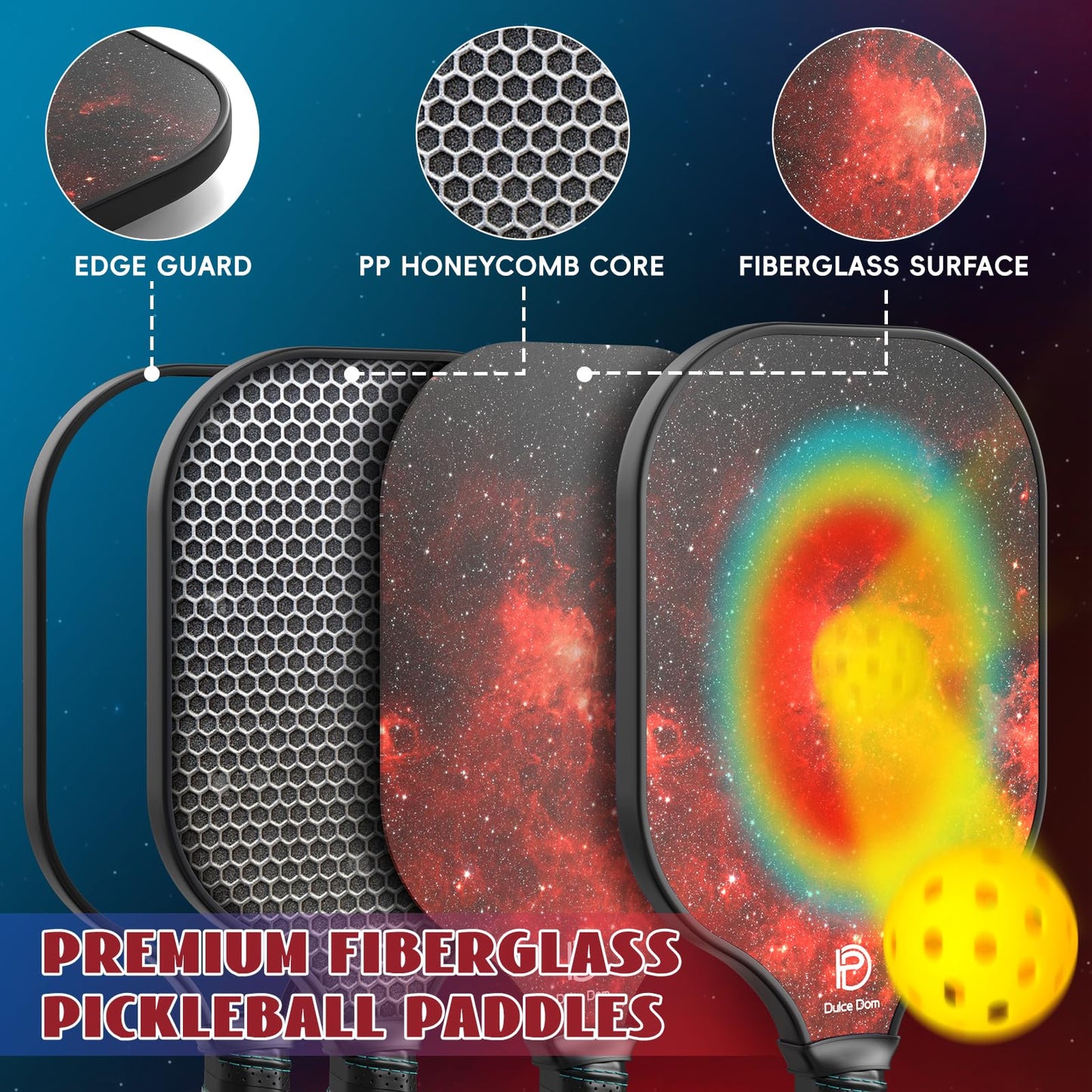 DULCE DOM Pickleball Paddles Set of 2/4 - USAPA Approved, Fiberglass/Carbon Fiber Pickleball Racket with 4 Indoor Outdoor Pickleball Balls and Pickleball Bag, Ideal Pickleball Training Equipment