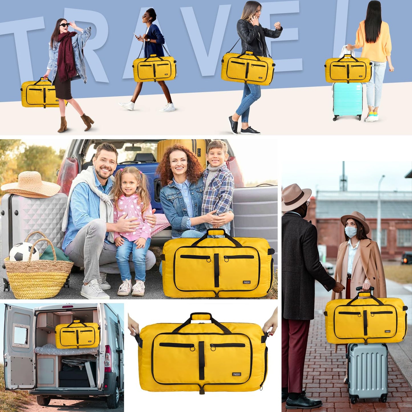 Fmeida 65L Duffle Bag with Shoes Compartment, Foldable Travel Duffel Bags for Men Women, Large Packable Travel Bag Water Repellent & Tear Resistant (Black)