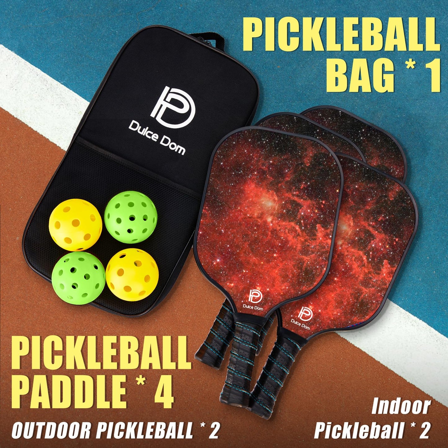 DULCE DOM Pickleball Paddles Set of 2/4 - USAPA Approved, Fiberglass/Carbon Fiber Pickleball Racket with 4 Indoor Outdoor Pickleball Balls and Pickleball Bag, Ideal Pickleball Training Equipment