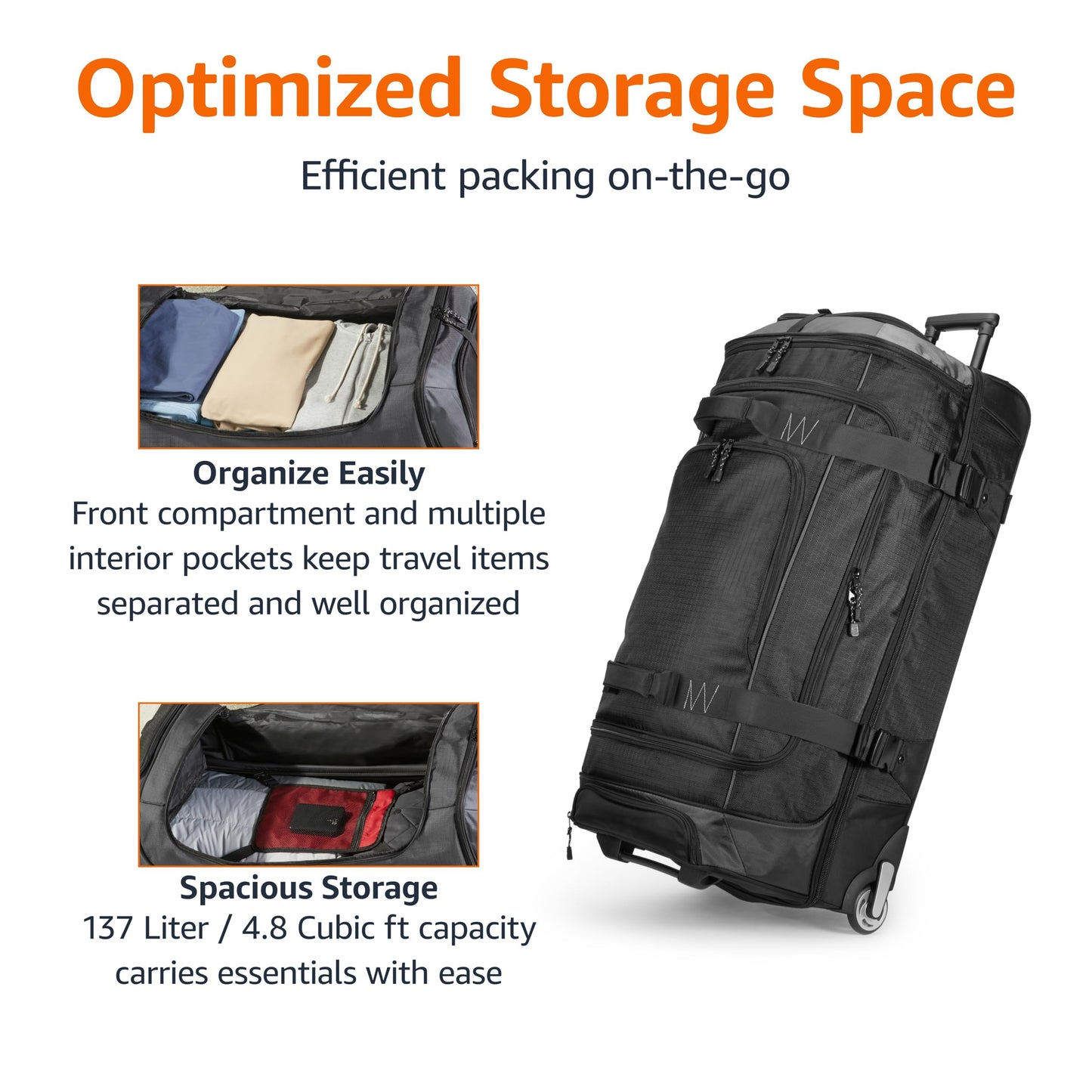 Amazon Basics 30-inch Large Rolling Duffle Bag with Wheels and Handle, Travel Duffle Bag with Durable Ripstop Polyester Material, 2 Layers of Space, Multiple Interior and Exterior Pockets, Black