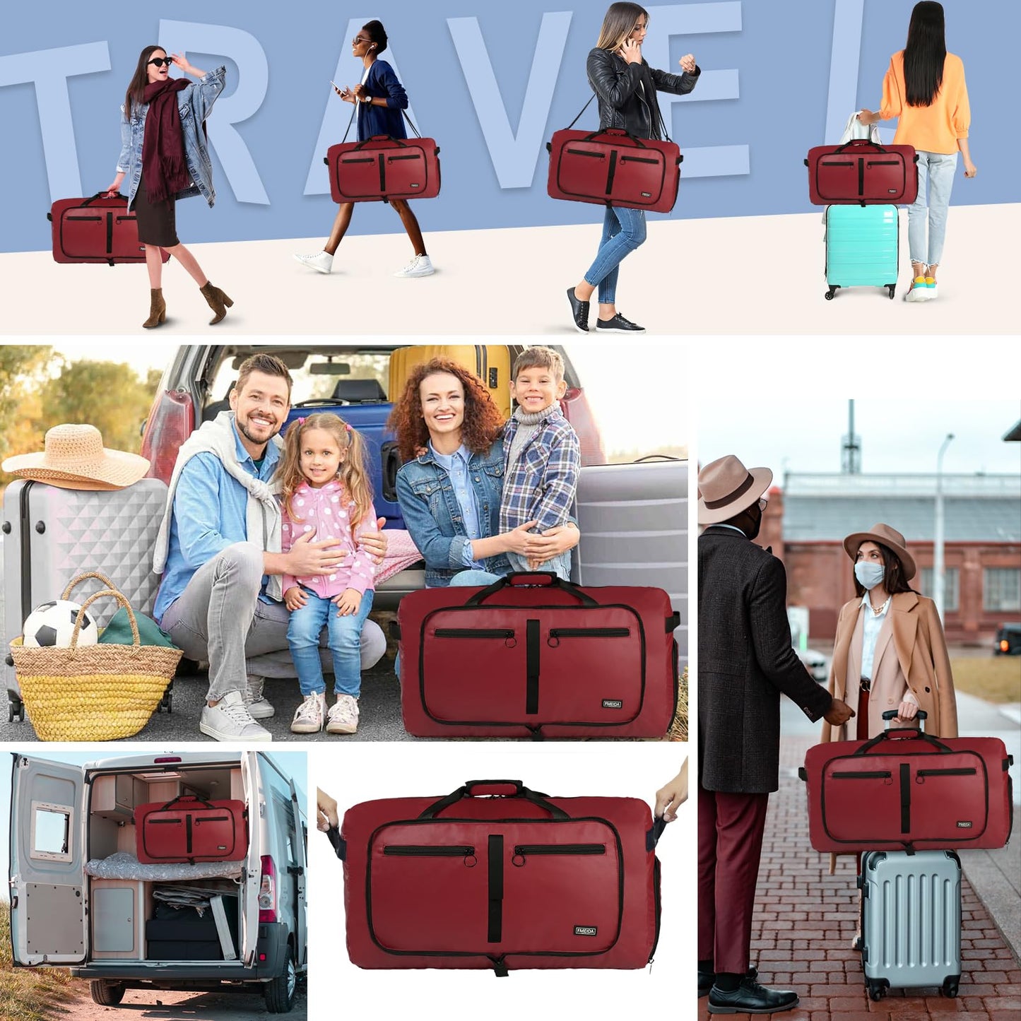 Fmeida 65L Duffle Bag with Shoes Compartment, Foldable Travel Duffel Bags for Men Women, Large Packable Travel Bag Water Repellent & Tear Resistant (Black)