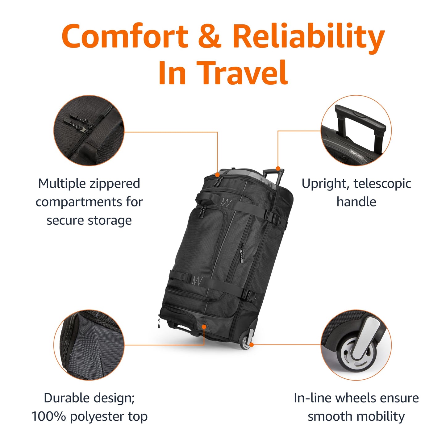 Amazon Basics 30-inch Large Rolling Duffle Bag with Wheels and Handle, Travel Duffle Bag with Durable Ripstop Polyester Material, 2 Layers of Space, Multiple Interior and Exterior Pockets, Black