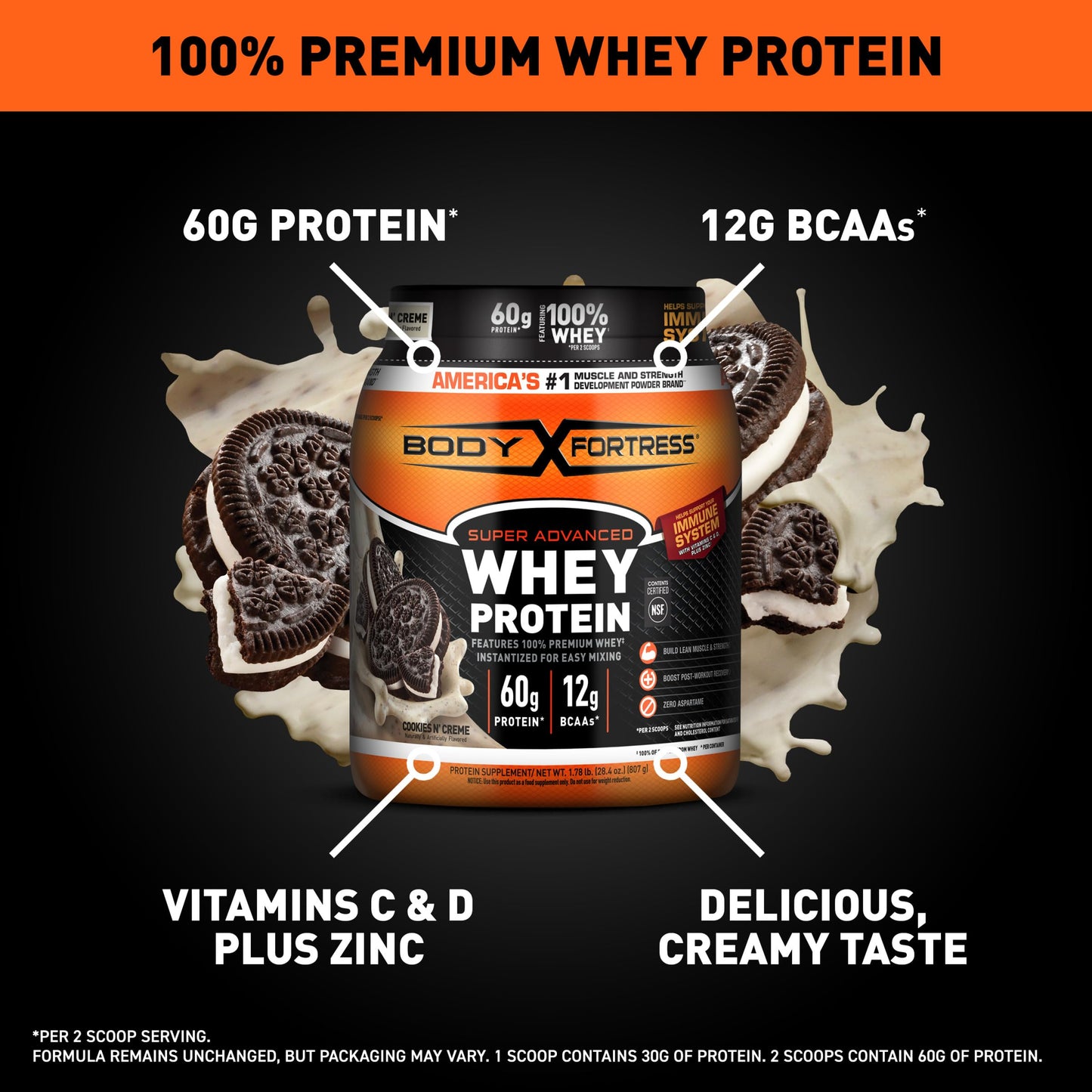 Body Fortress 100% Whey, Premium Protein Powder, Chocolate, 1.78lbs