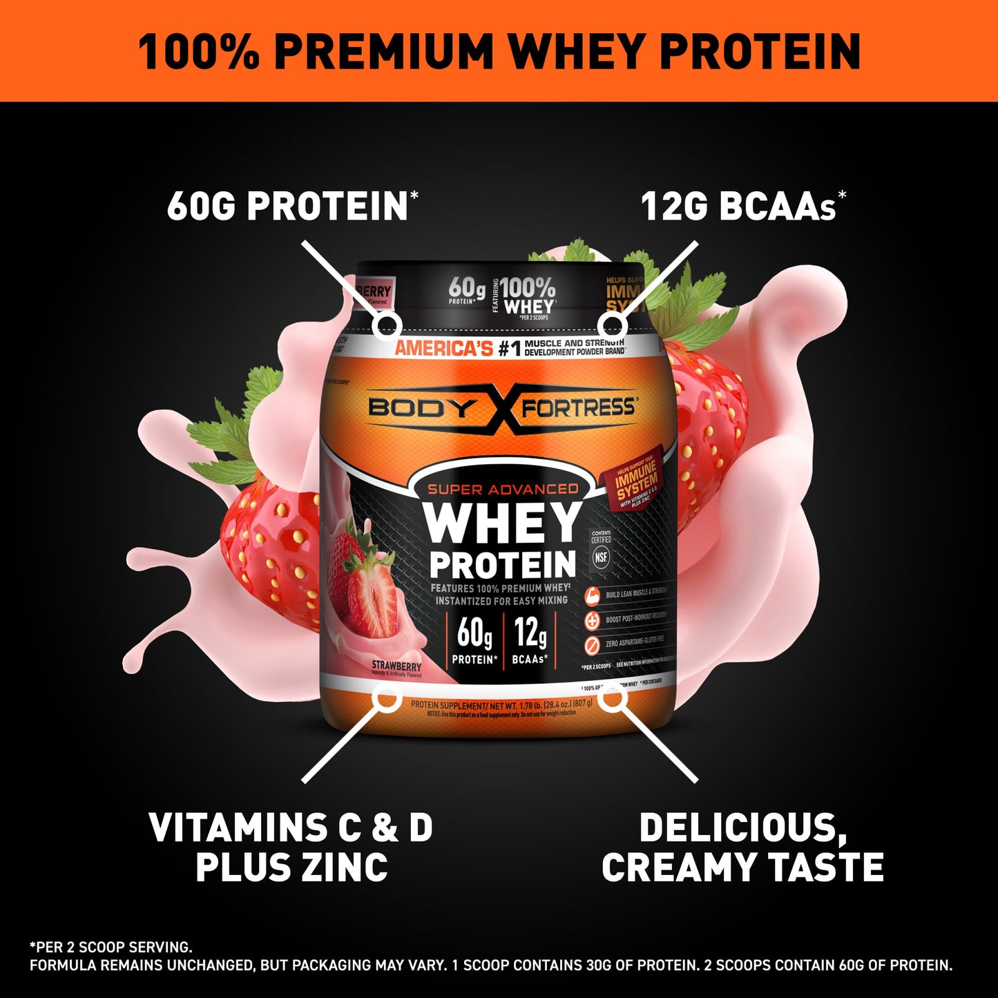 Body Fortress 100% Whey, Premium Protein Powder, Chocolate, 1.78lbs
