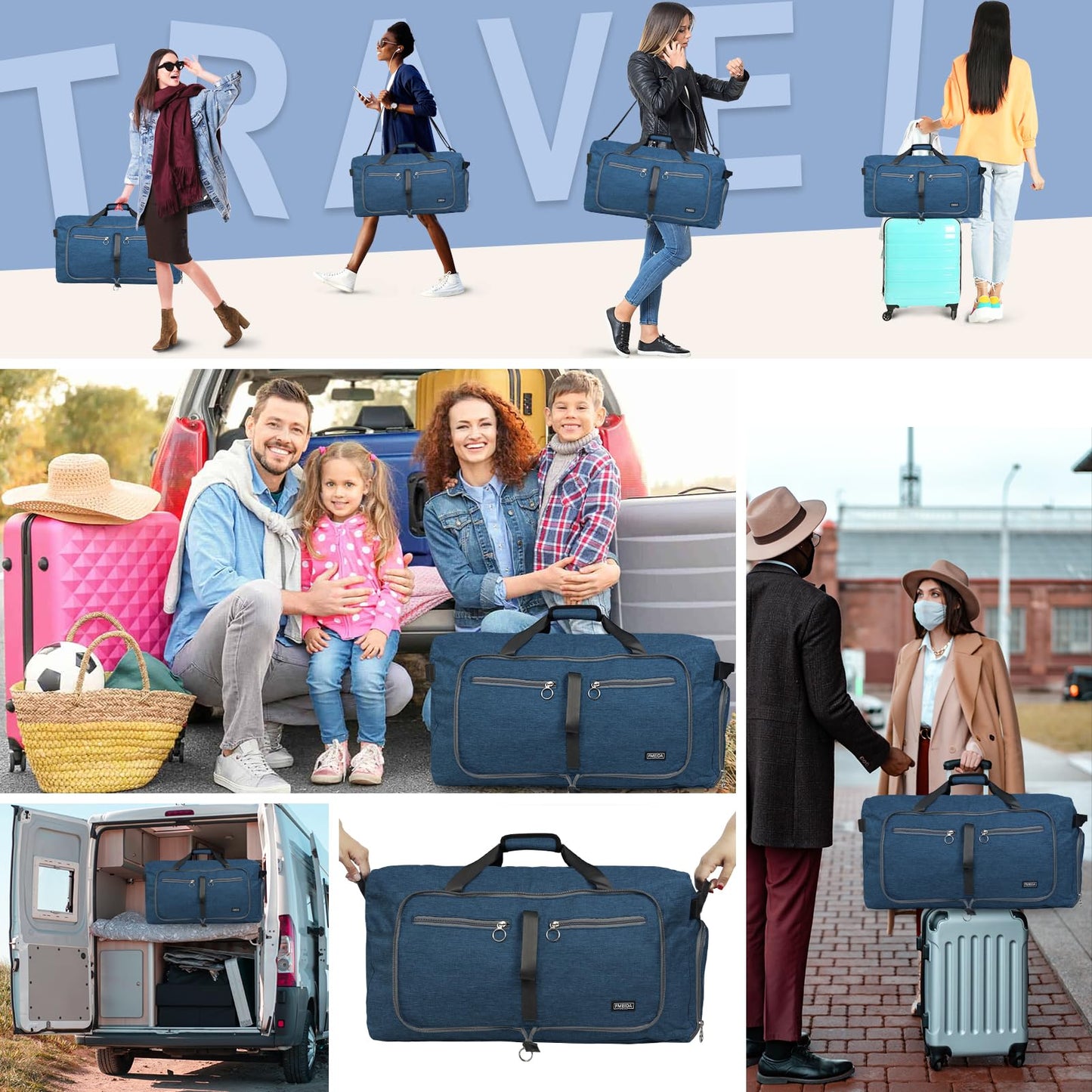 Fmeida 65L Duffle Bag with Shoes Compartment, Foldable Travel Duffel Bags for Men Women, Large Packable Travel Bag Water Repellent & Tear Resistant (Black)