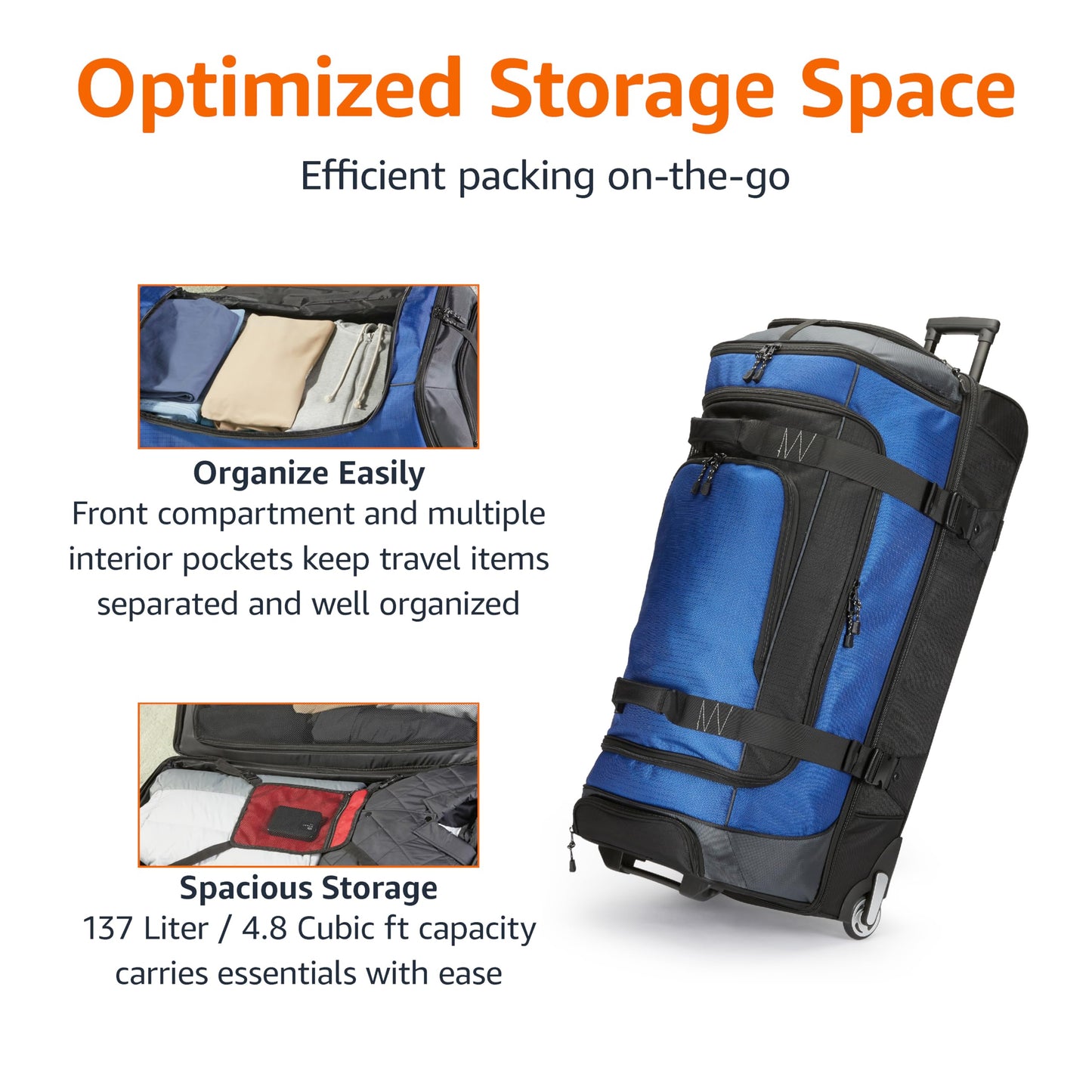 Amazon Basics 30-inch Large Rolling Duffle Bag with Wheels and Handle, Travel Duffle Bag with Durable Ripstop Polyester Material, 2 Layers of Space, Multiple Interior and Exterior Pockets, Black