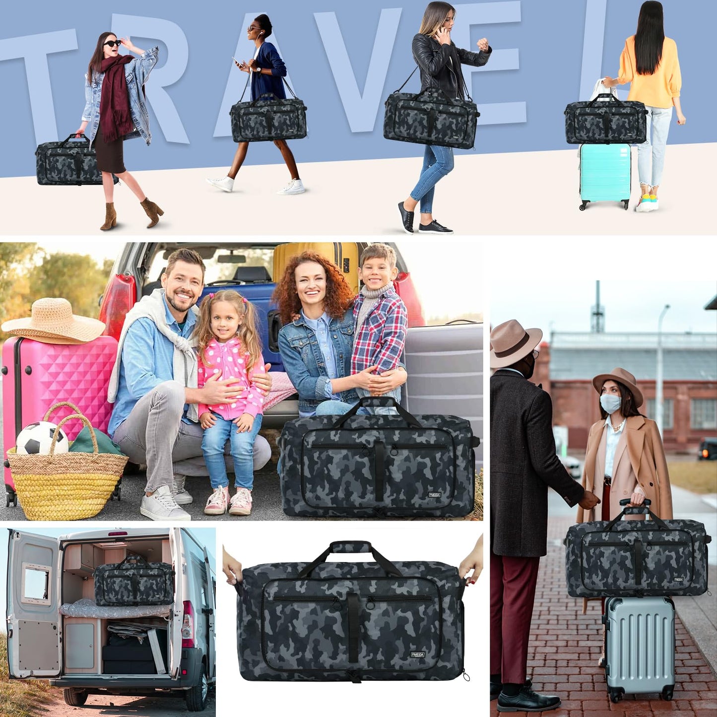 Fmeida 65L Duffle Bag with Shoes Compartment, Foldable Travel Duffel Bags for Men Women, Large Packable Travel Bag Water Repellent & Tear Resistant (Black)