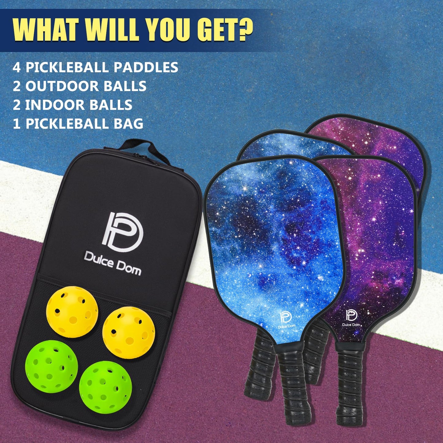 DULCE DOM Pickleball Paddles Set of 2/4 - USAPA Approved, Fiberglass/Carbon Fiber Pickleball Racket with 4 Indoor Outdoor Pickleball Balls and Pickleball Bag, Ideal Pickleball Training Equipment