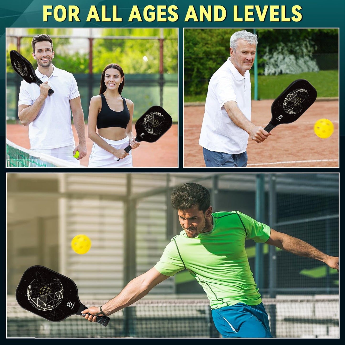 DULCE DOM Pickleball Paddles Set of 2/4 - USAPA Approved, Fiberglass/Carbon Fiber Pickleball Racket with 4 Indoor Outdoor Pickleball Balls and Pickleball Bag, Ideal Pickleball Training Equipment