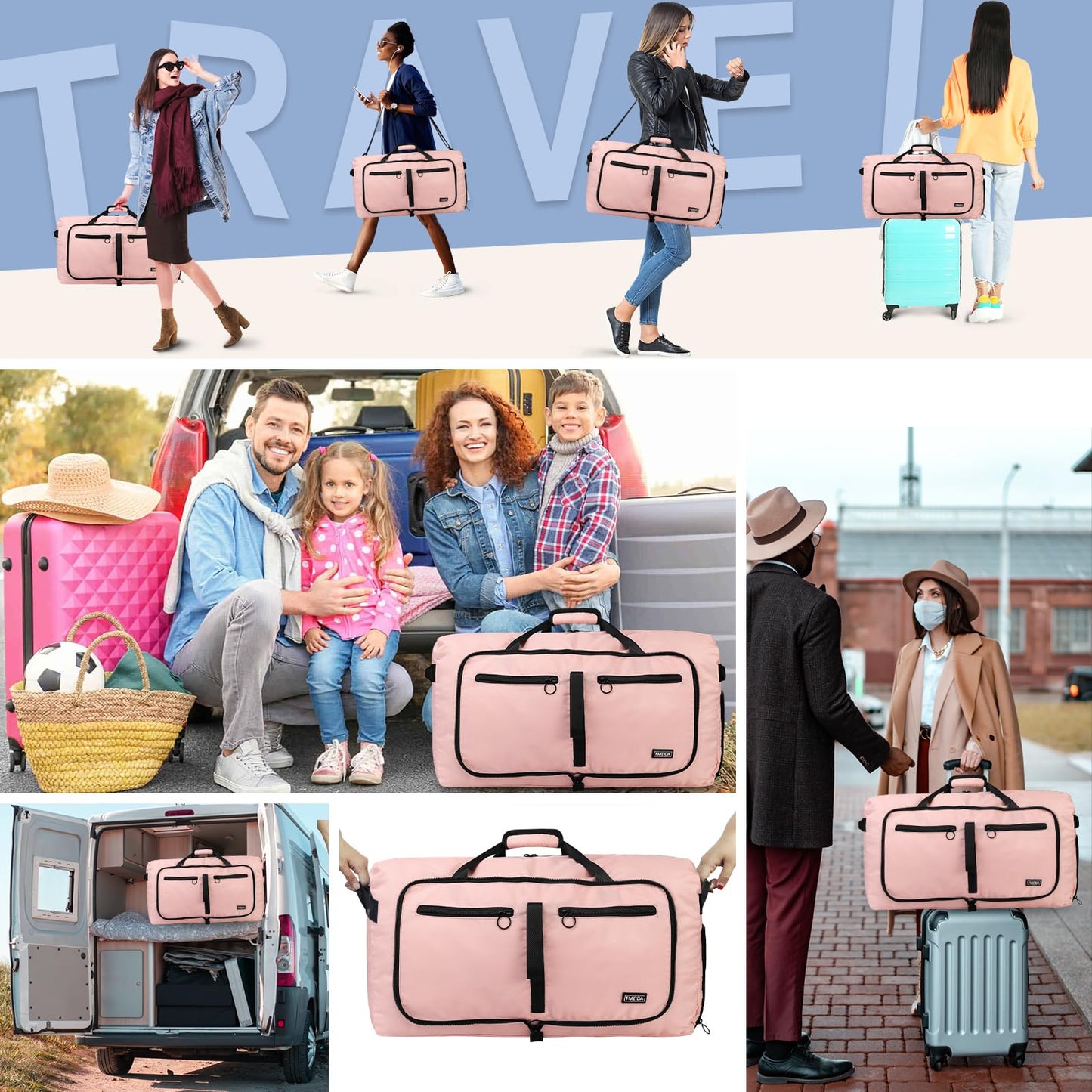 Fmeida 65L Duffle Bag with Shoes Compartment, Foldable Travel Duffel Bags for Men Women, Large Packable Travel Bag Water Repellent & Tear Resistant (Black)