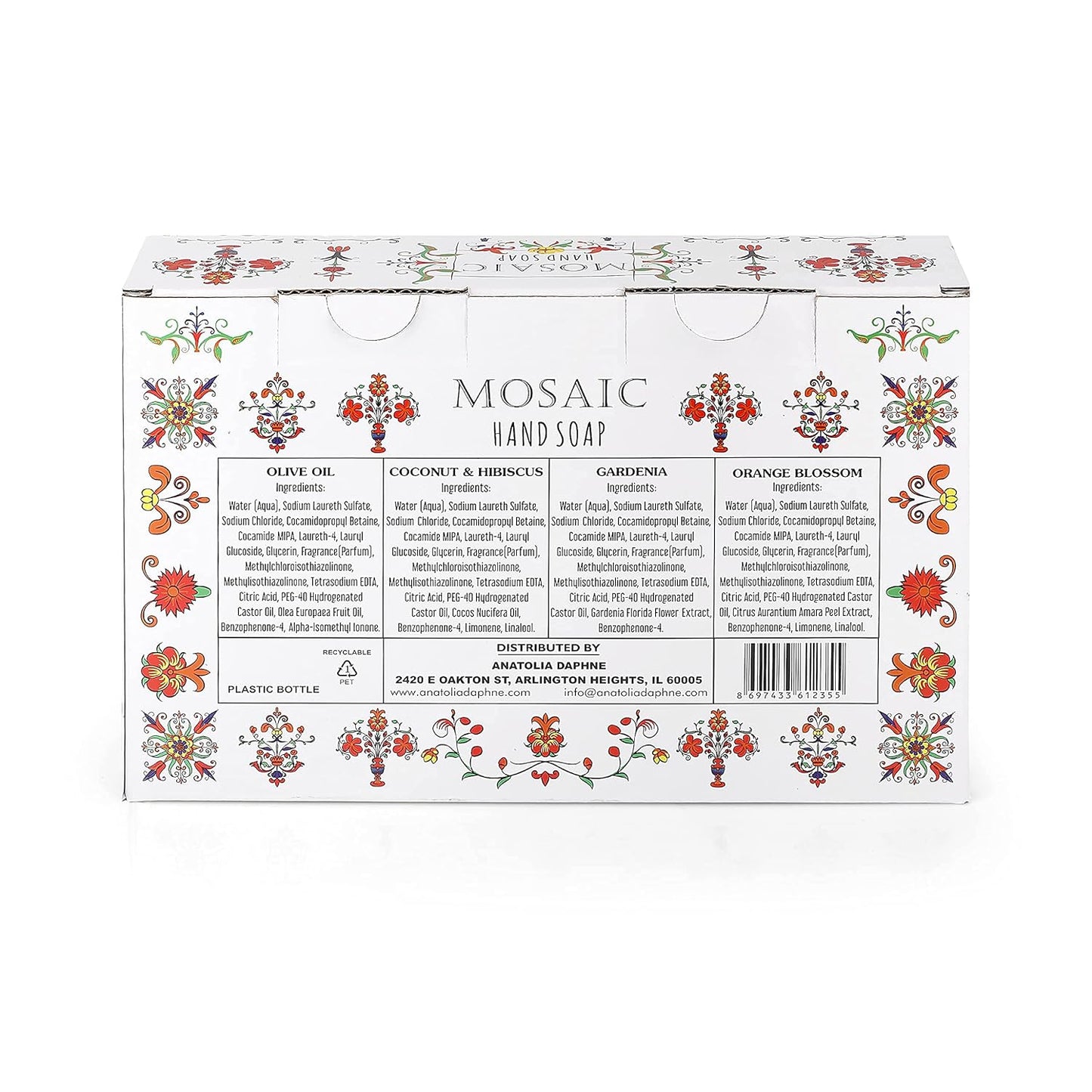 Mosaic Liquid Hand Soap / Wash Gift Set, Ideal Bathroom Kitchen Hand Soap Set , Olive Oil + Coconut & Hibiscus + Gardenia + Orange Blossom, 4 x 24.6 fl oz Each Liquid Soap Bottle