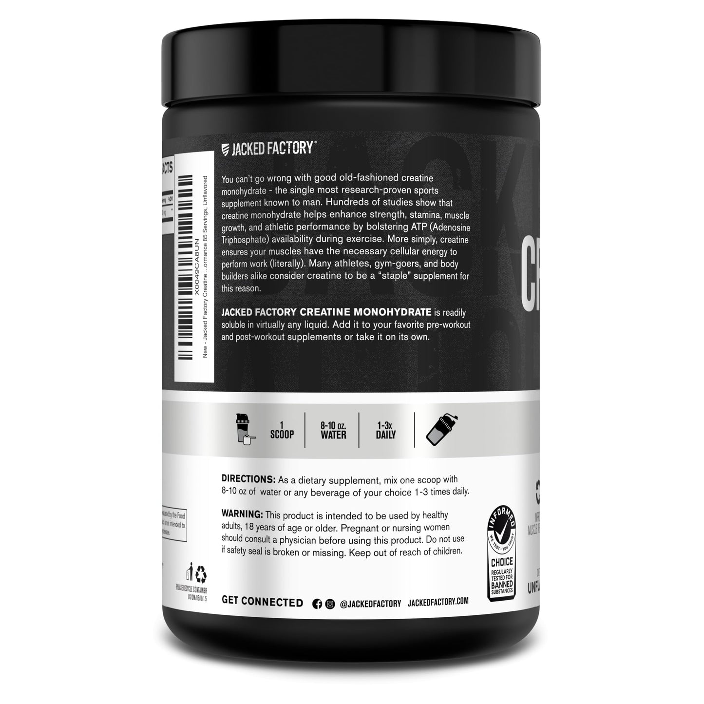 Jacked Factory Creatine Monohydrate Powder 150g - 5g Daily Creatine Supplement for Men and Women, Vegan-Friendly, Third-Party Tested - 30 Servings, Unflavored