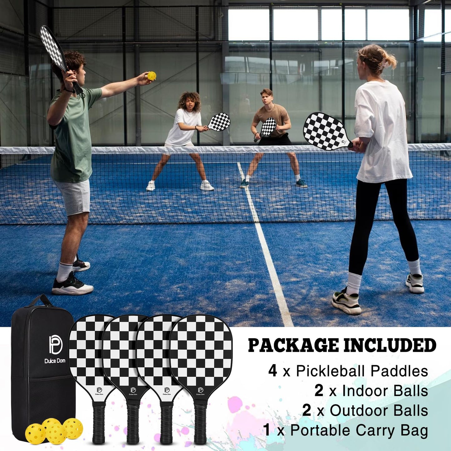 DULCE DOM Pickleball Paddles Set of 2/4 - USAPA Approved, Fiberglass/Carbon Fiber Pickleball Racket with 4 Indoor Outdoor Pickleball Balls and Pickleball Bag, Ideal Pickleball Training Equipment