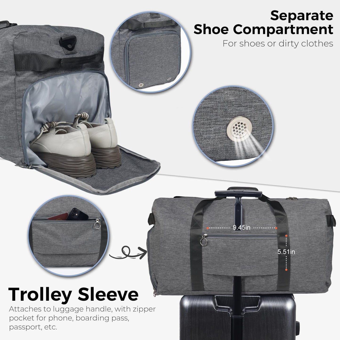 Fmeida 65L Duffle Bag with Shoes Compartment, Foldable Travel Duffel Bags for Men Women, Large Packable Travel Bag Water Repellent & Tear Resistant (Black)