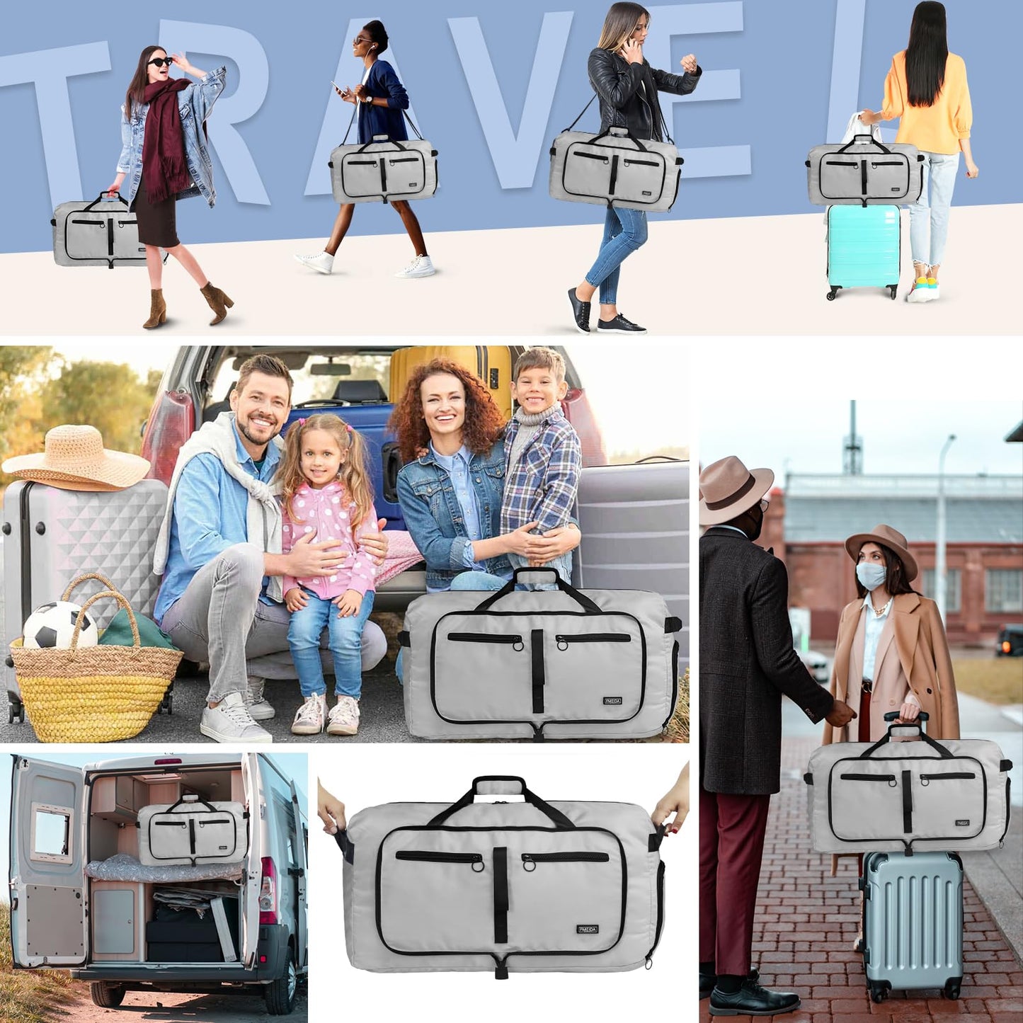 Fmeida 65L Duffle Bag with Shoes Compartment, Foldable Travel Duffel Bags for Men Women, Large Packable Travel Bag Water Repellent & Tear Resistant (Black)