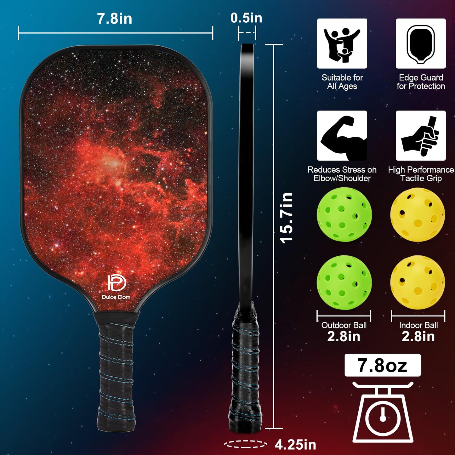 DULCE DOM Pickleball Paddles Set of 2/4 - USAPA Approved, Fiberglass/Carbon Fiber Pickleball Racket with 4 Indoor Outdoor Pickleball Balls and Pickleball Bag, Ideal Pickleball Training Equipment