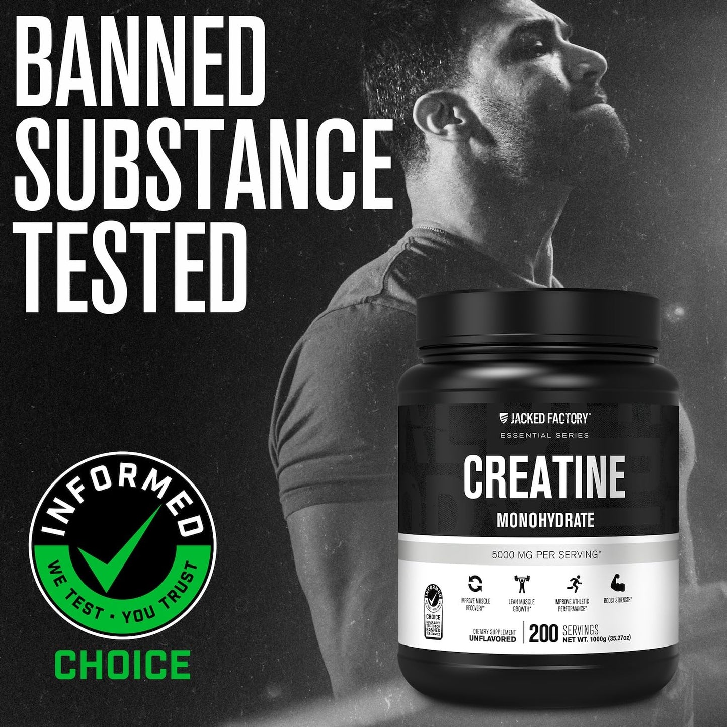 Jacked Factory Creatine Monohydrate Powder 150g - 5g Daily Creatine Supplement for Men and Women, Vegan-Friendly, Third-Party Tested - 30 Servings, Unflavored