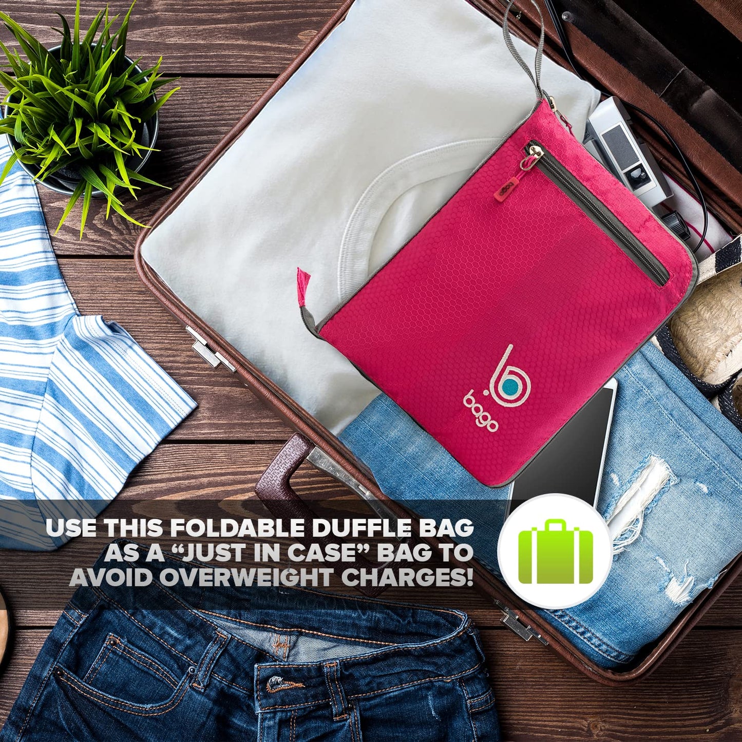 Bago Foldable Duffel Bags for Traveling Women & Men - 40L Sports Packable Duffle Bag for Travel with Shoe Compartment - Water Repellant, Heavy Duty, Lightweight Folding & Collapsible (SnowPink)