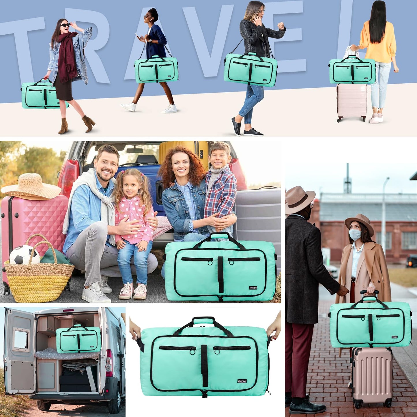 Fmeida 65L Duffle Bag with Shoes Compartment, Foldable Travel Duffel Bags for Men Women, Large Packable Travel Bag Water Repellent & Tear Resistant (Black)