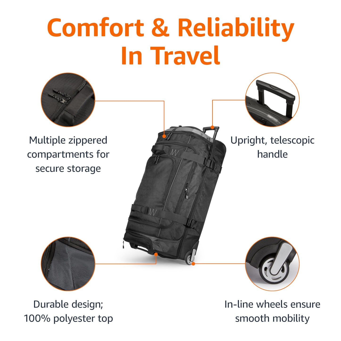 Amazon Basics 30-inch Large Rolling Duffle Bag with Wheels and Handle, Travel Duffle Bag with Durable Ripstop Polyester Material, 2 Layers of Space, Multiple Interior and Exterior Pockets, Black