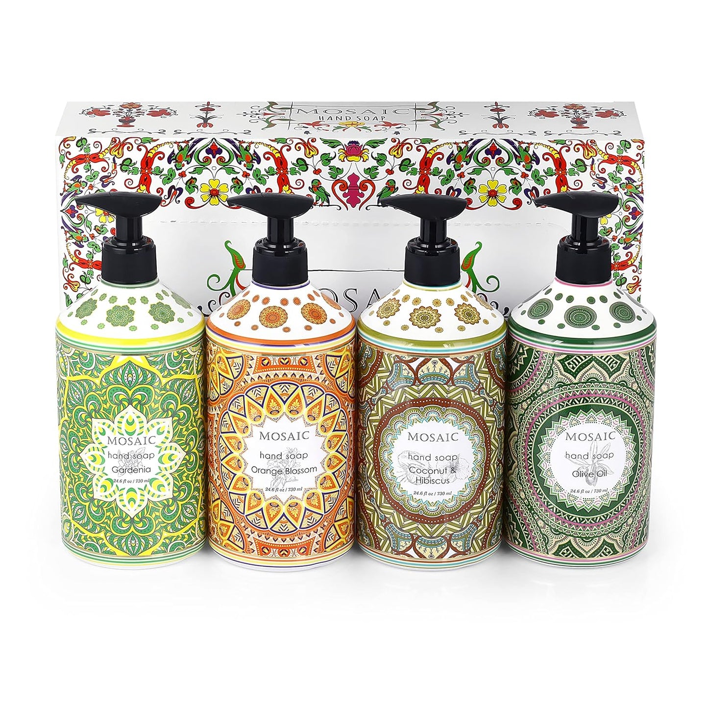Mosaic Liquid Hand Soap / Wash Gift Set, Ideal Bathroom Kitchen Hand Soap Set , Olive Oil + Coconut & Hibiscus + Gardenia + Orange Blossom, 4 x 24.6 fl oz Each Liquid Soap Bottle