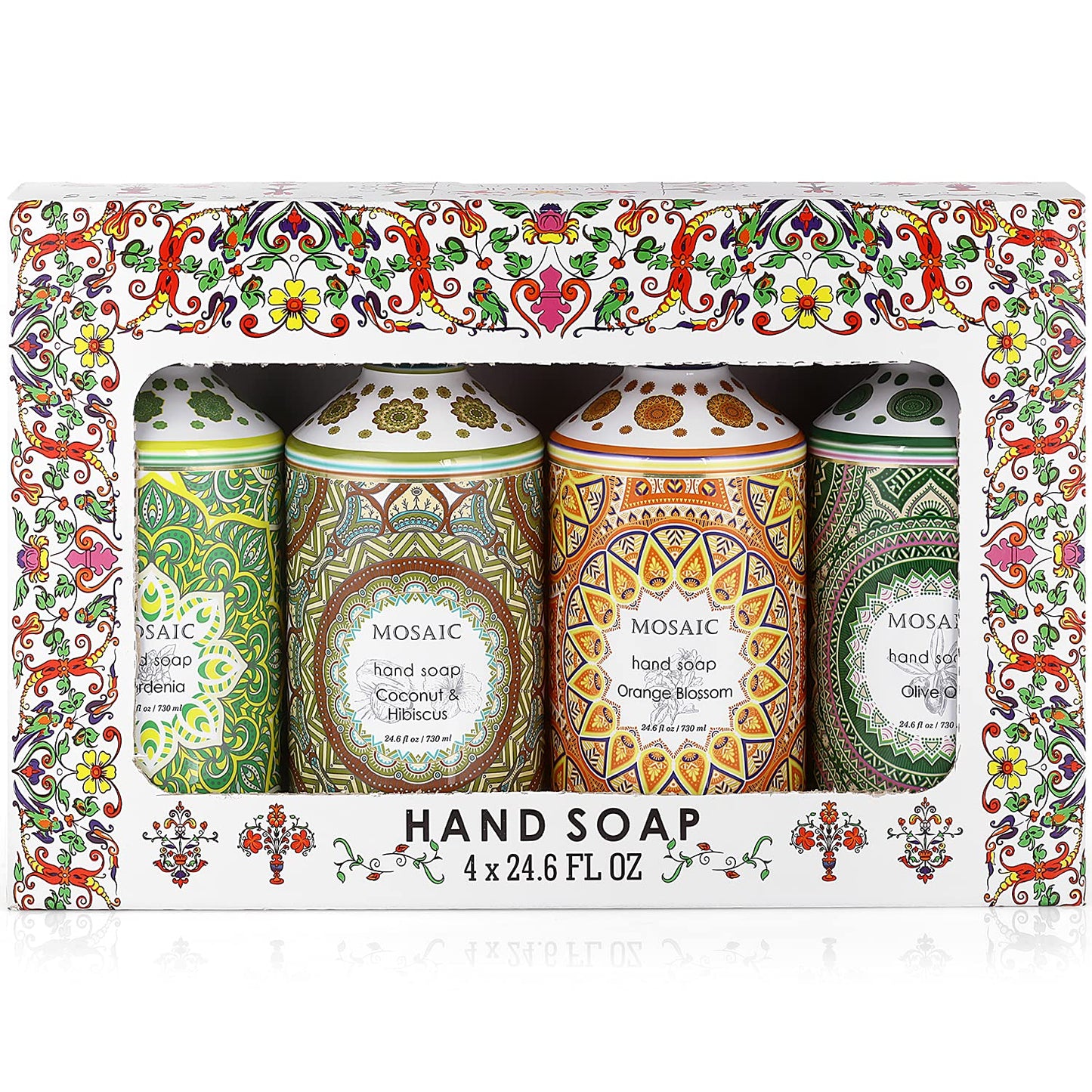 Mosaic Liquid Hand Soap / Wash Gift Set, Ideal Bathroom Kitchen Hand Soap Set , Olive Oil + Coconut & Hibiscus + Gardenia + Orange Blossom, 4 x 24.6 fl oz Each Liquid Soap Bottle