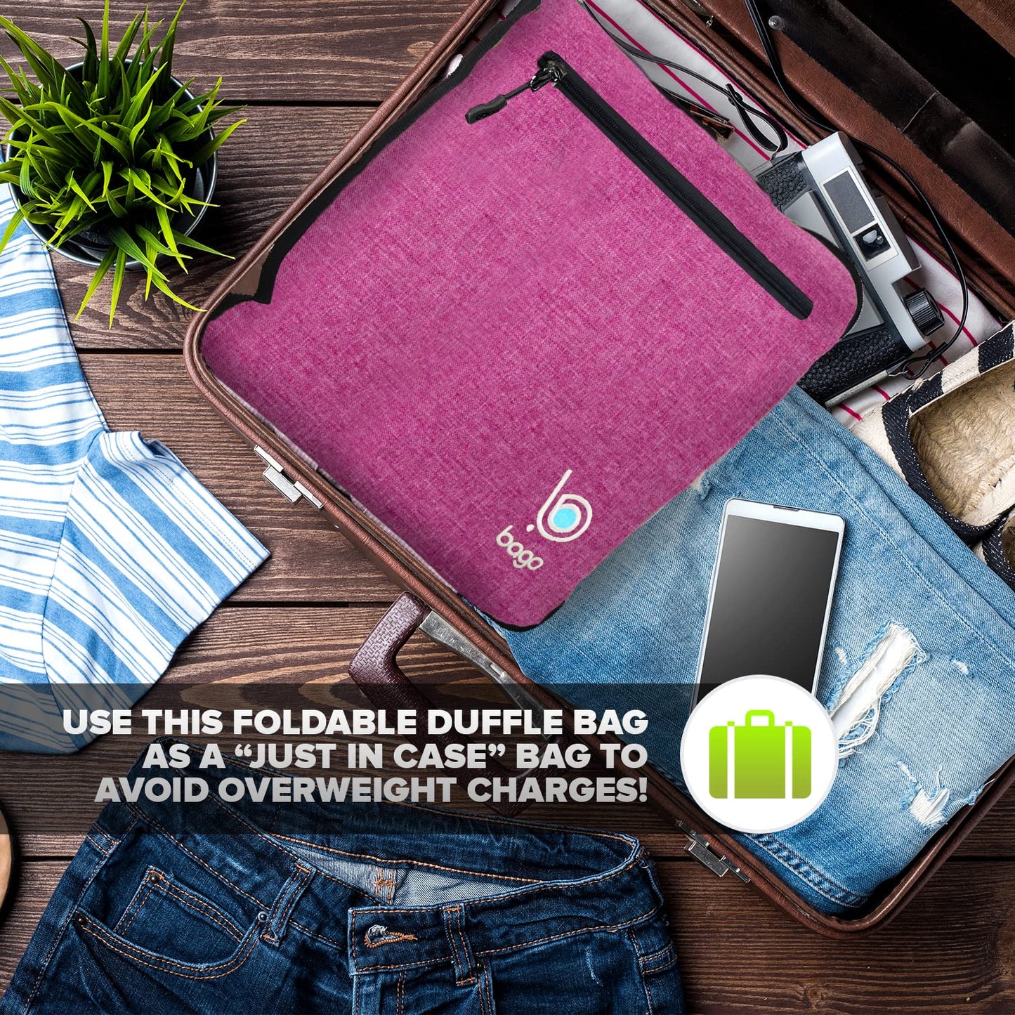 Bago Foldable Duffel Bags for Traveling Women & Men - 40L Sports Packable Duffle Bag for Travel with Shoe Compartment - Water Repellant, Heavy Duty, Lightweight Folding & Collapsible (SnowPink)