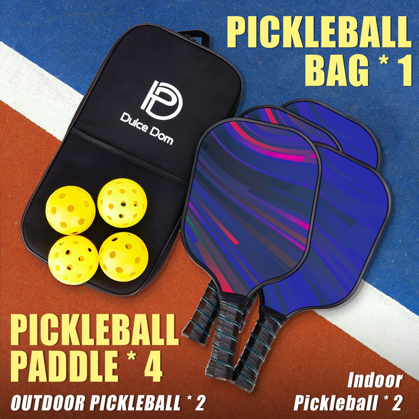 DULCE DOM Pickleball Paddles Set of 2/4 - USAPA Approved, Fiberglass/Carbon Fiber Pickleball Racket with 4 Indoor Outdoor Pickleball Balls and Pickleball Bag, Ideal Pickleball Training Equipment