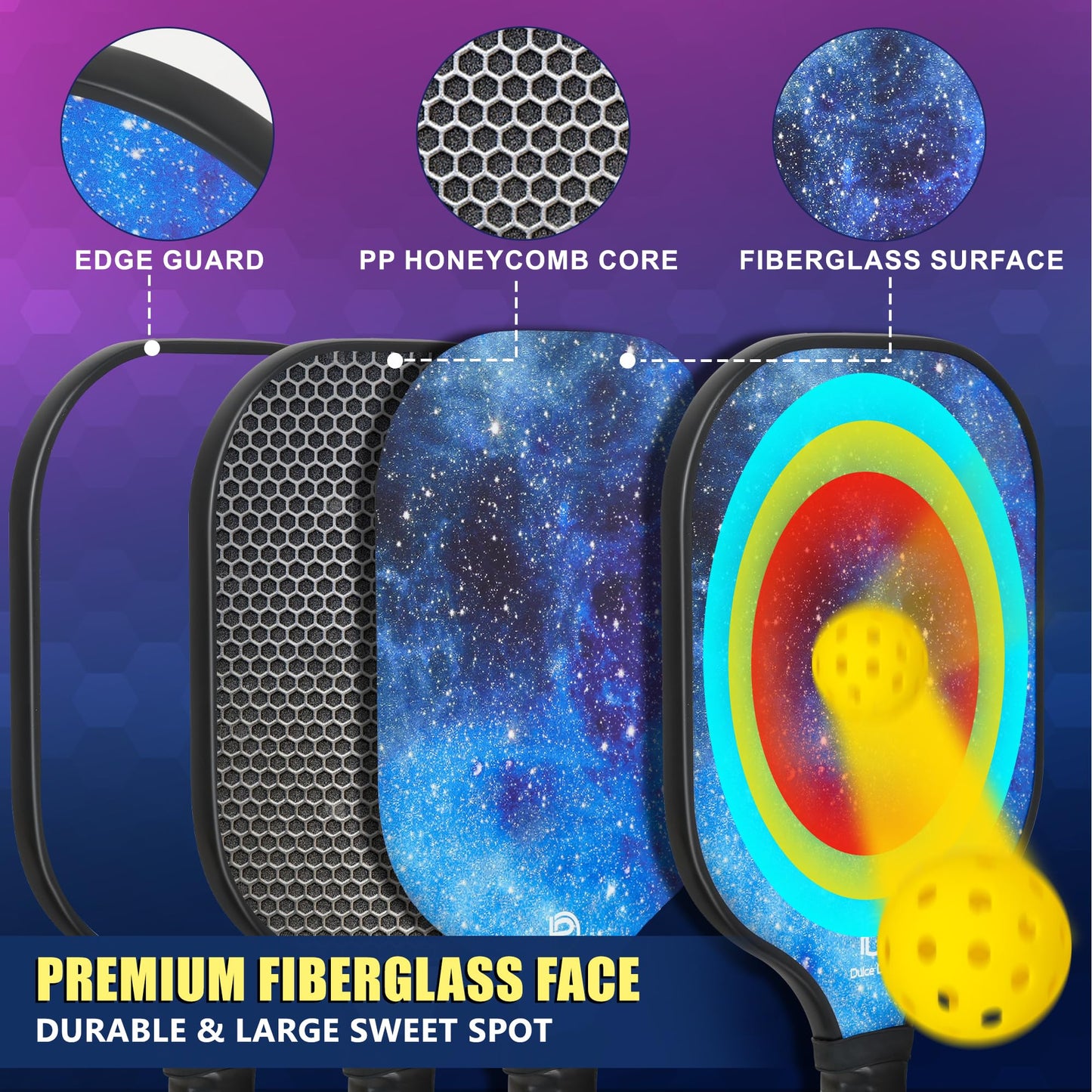 DULCE DOM Pickleball Paddles Set of 2/4 - USAPA Approved, Fiberglass/Carbon Fiber Pickleball Racket with 4 Indoor Outdoor Pickleball Balls and Pickleball Bag, Ideal Pickleball Training Equipment