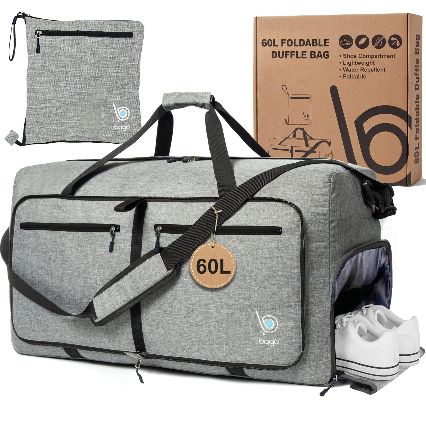 Bago Foldable Duffel Bags for Traveling Women & Men - 40L Sports Packable Duffle Bag for Travel with Shoe Compartment - Water Repellant, Heavy Duty, Lightweight Folding & Collapsible (SnowPink)